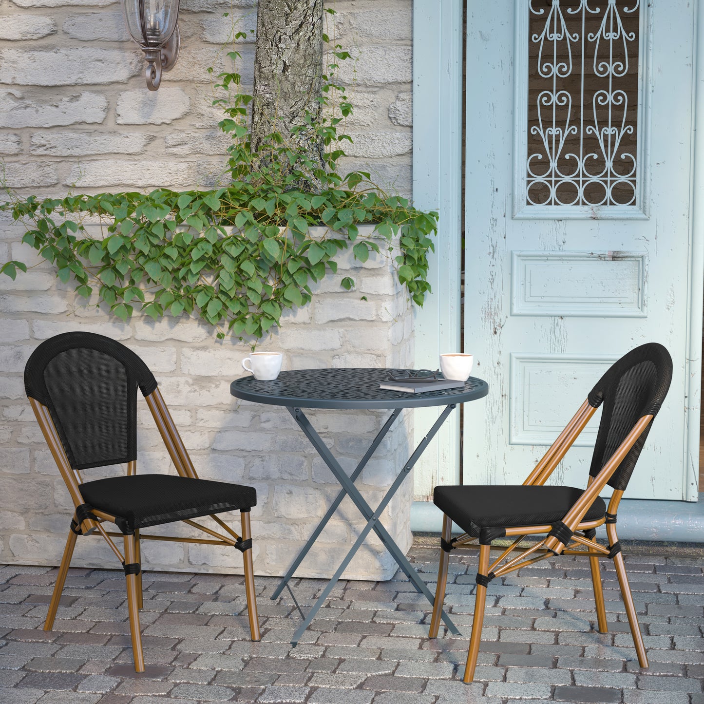 Marseille Indoor/Outdoor Commercial Bistro Stacking Chair, Black Textilene Back and Seat, Bamboo Print Aluminum Frame in Natural Black/Natural Frame