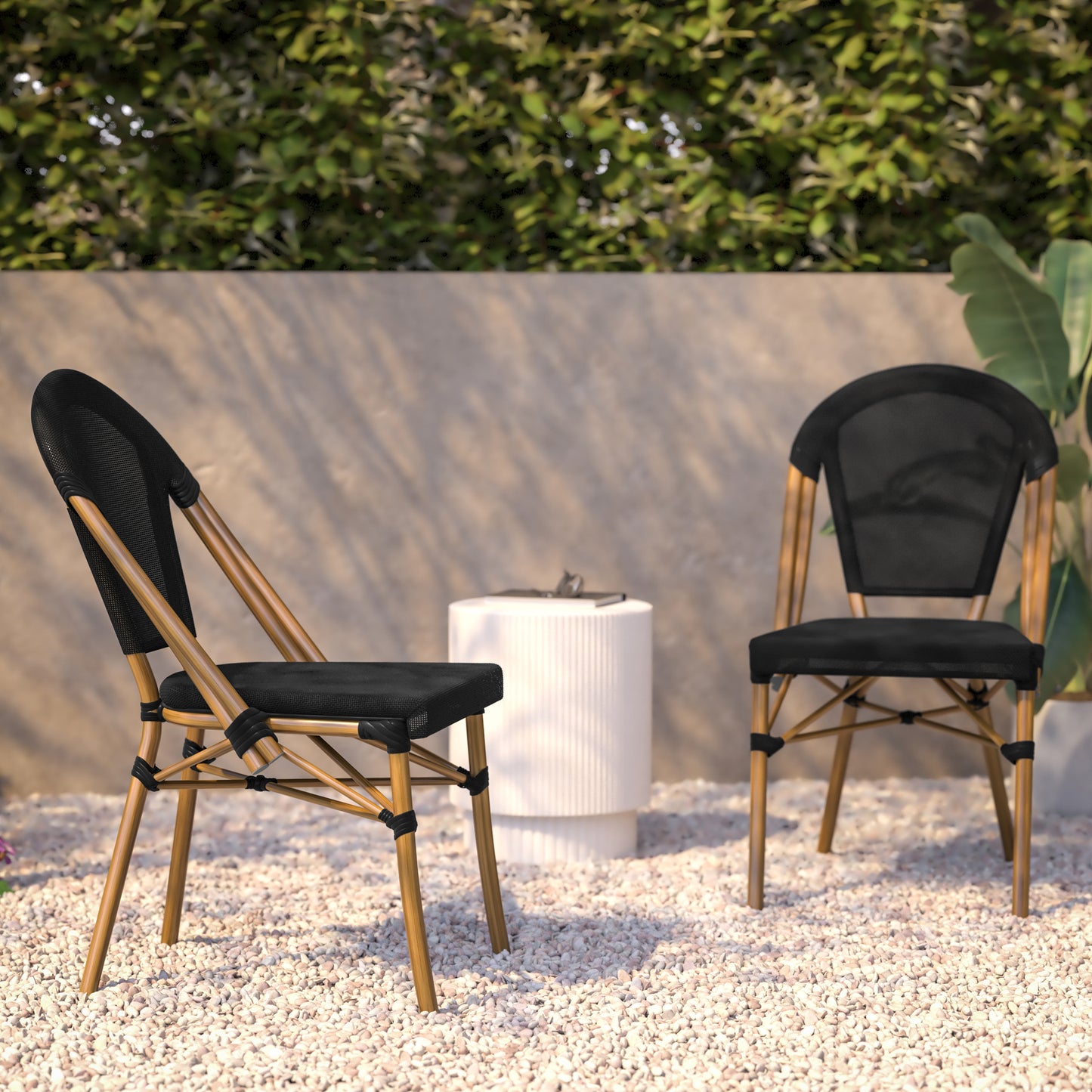 Marseille Indoor/Outdoor Commercial Bistro Stacking Chair, Black Textilene Back and Seat, Bamboo Print Aluminum Frame in Natural Black/Natural Frame
