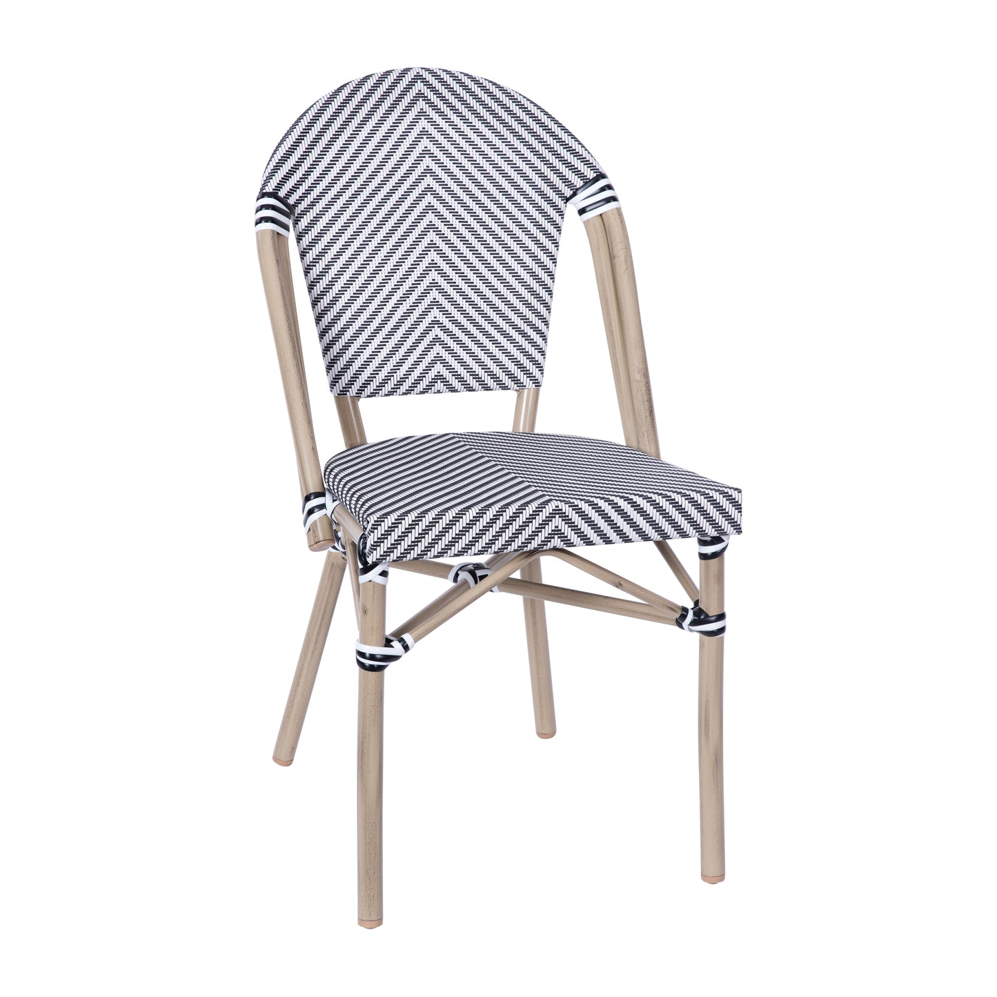 Marseille Indoor/Outdoor Commercial Bistro Stacking Chair, Black/White Textilene Back and Seat, Bamboo Print Aluminum Frame in Light Natural Black & White/Light Natural Frame