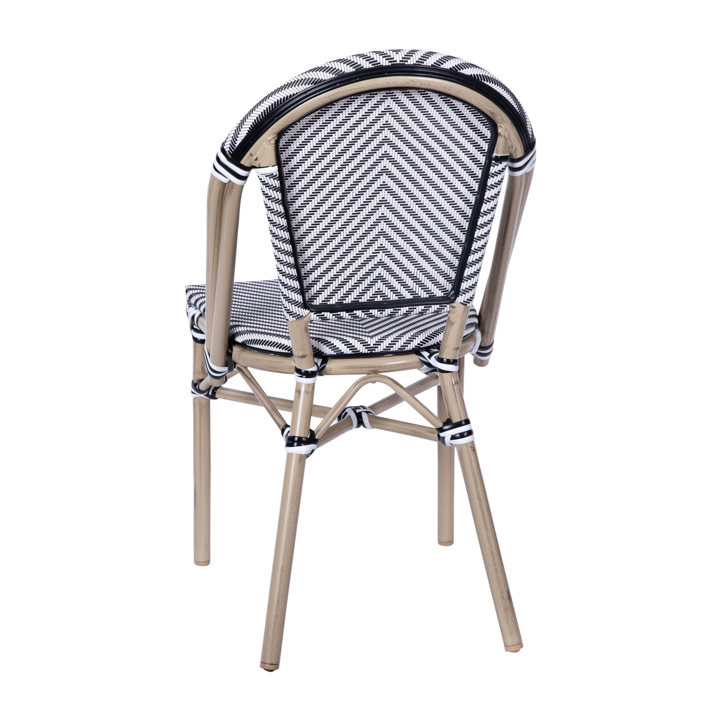 Marseille Indoor/Outdoor Commercial Bistro Stacking Chair, Black/White Textilene Back and Seat, Bamboo Print Aluminum Frame in Light Natural Black & White/Light Natural Frame