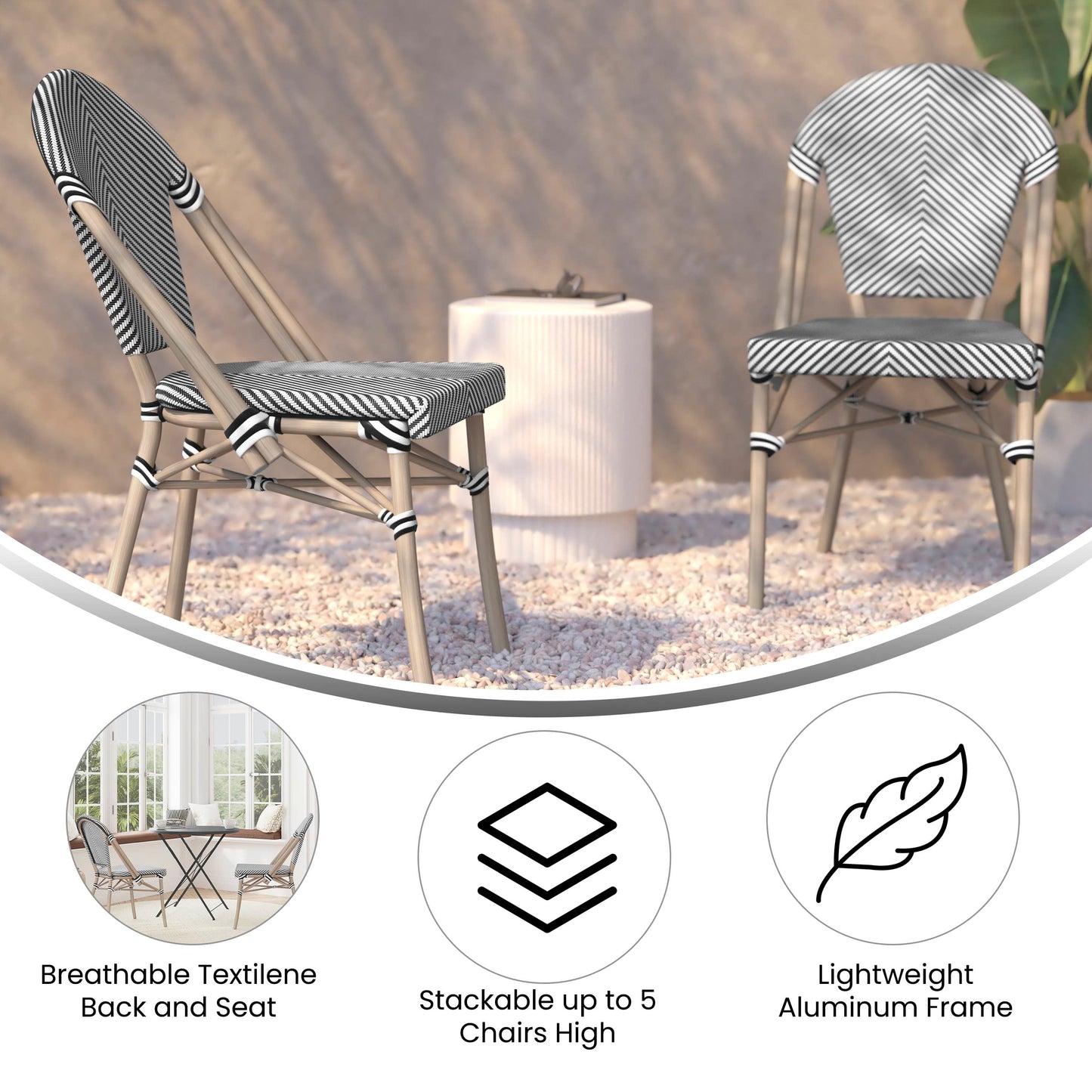 Marseille Indoor/Outdoor Commercial Bistro Stacking Chair, Black/White Textilene Back and Seat, Bamboo Print Aluminum Frame in Light Natural Black & White/Light Natural Frame