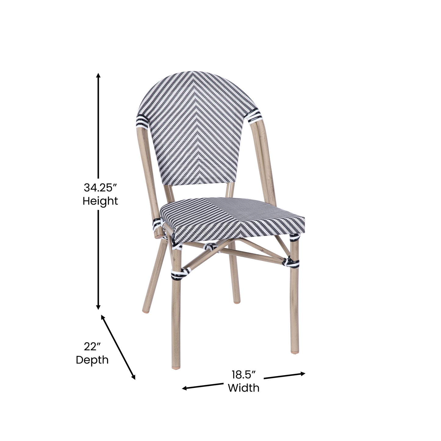 Marseille Indoor/Outdoor Commercial Bistro Stacking Chair, Black/White Textilene Back and Seat, Bamboo Print Aluminum Frame in Light Natural Black & White/Light Natural Frame