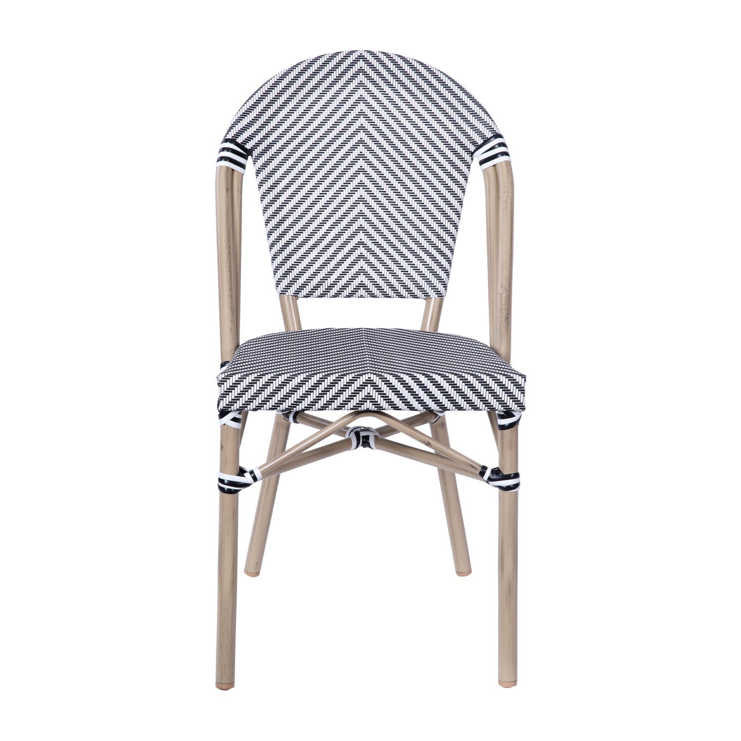 Marseille Indoor/Outdoor Commercial Bistro Stacking Chair, Black/White Textilene Back and Seat, Bamboo Print Aluminum Frame in Light Natural Black & White/Light Natural Frame