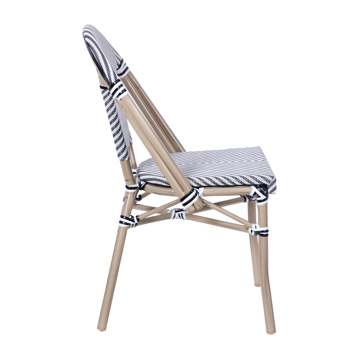 Marseille Indoor/Outdoor Commercial Bistro Stacking Chair, Black/White Textilene Back and Seat, Bamboo Print Aluminum Frame in Light Natural Black & White/Light Natural Frame