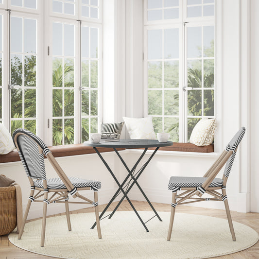 Marseille Indoor/Outdoor Commercial Bistro Stacking Chair, Black/White Textilene Back and Seat, Bamboo Print Aluminum Frame in Light Natural Black & White/Light Natural Frame