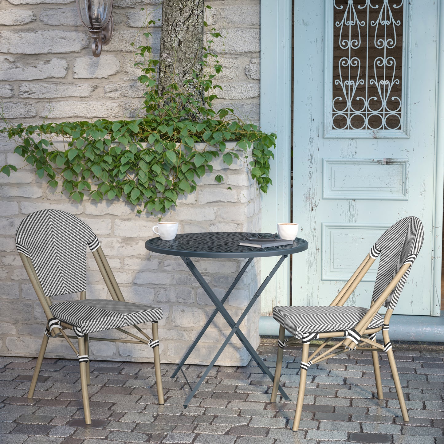 Marseille Indoor/Outdoor Commercial Bistro Stacking Chair, Black/White Textilene Back and Seat, Bamboo Print Aluminum Frame in Light Natural Black & White/Light Natural Frame