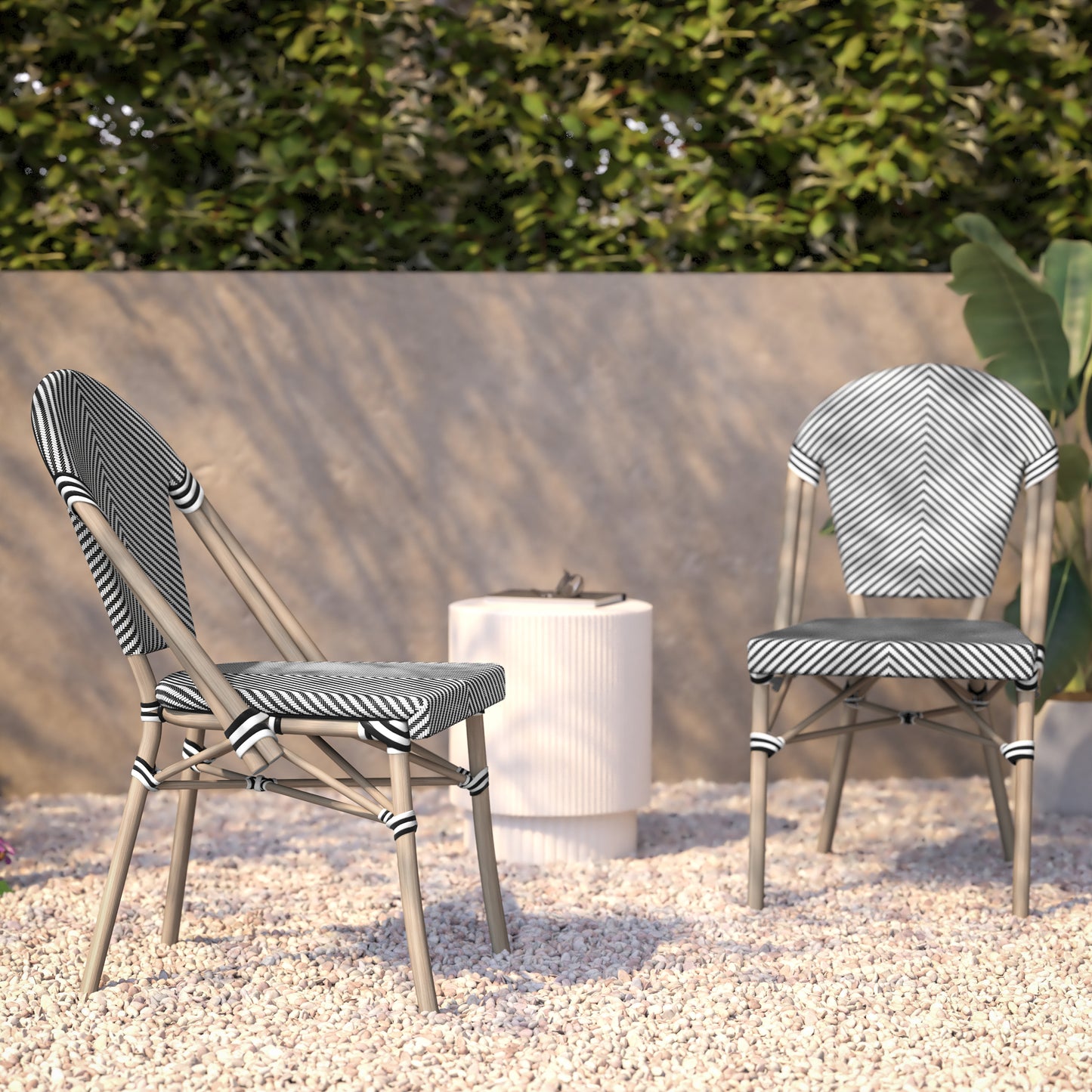 Marseille Indoor/Outdoor Commercial Bistro Stacking Chair, Black/White Textilene Back and Seat, Bamboo Print Aluminum Frame in Light Natural Black & White/Light Natural Frame