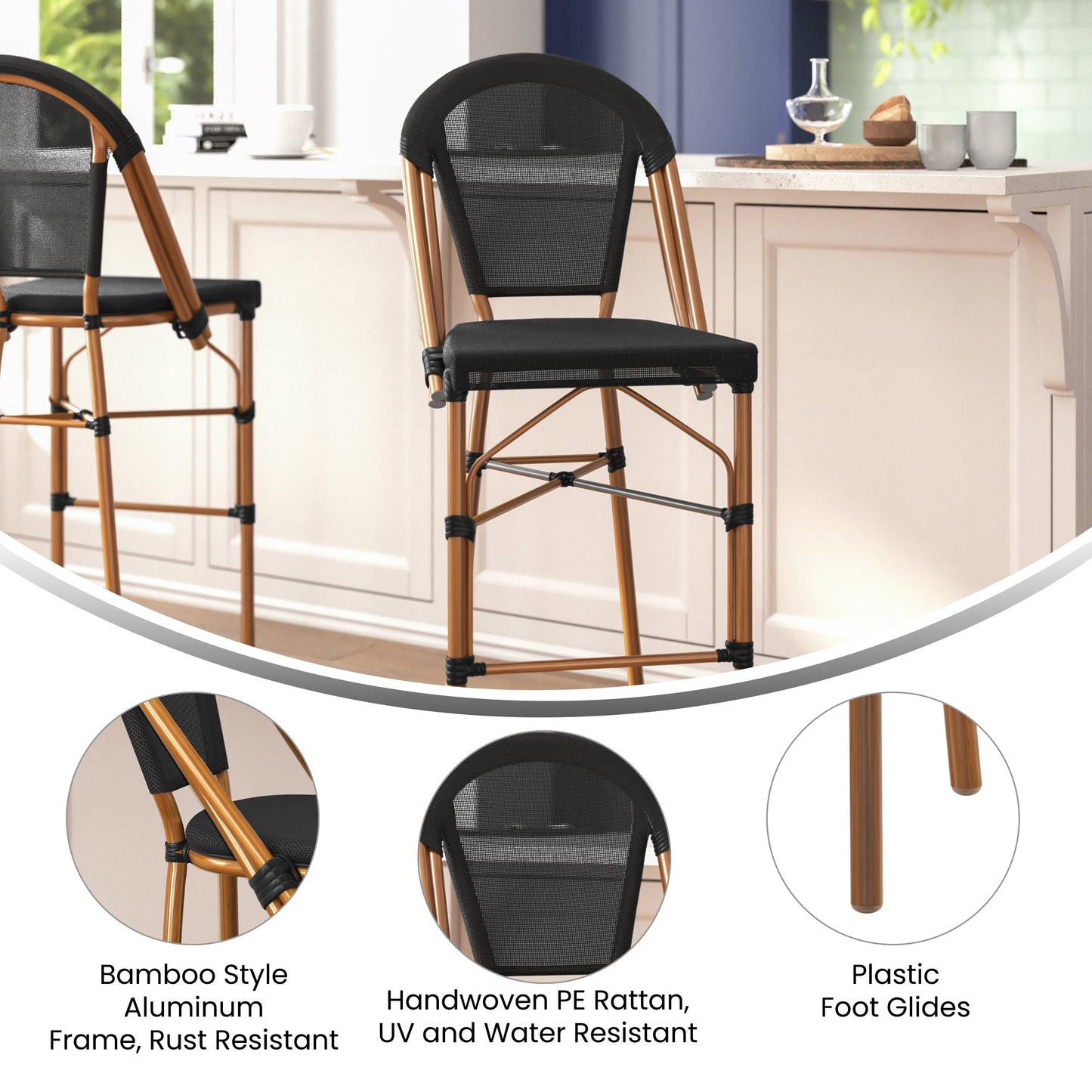 Marseille Stackable Indoor/Outdoor Bistro 30" High Barstool, Commercial Grade, Black and Bamboo Finish Black/Natural Frame