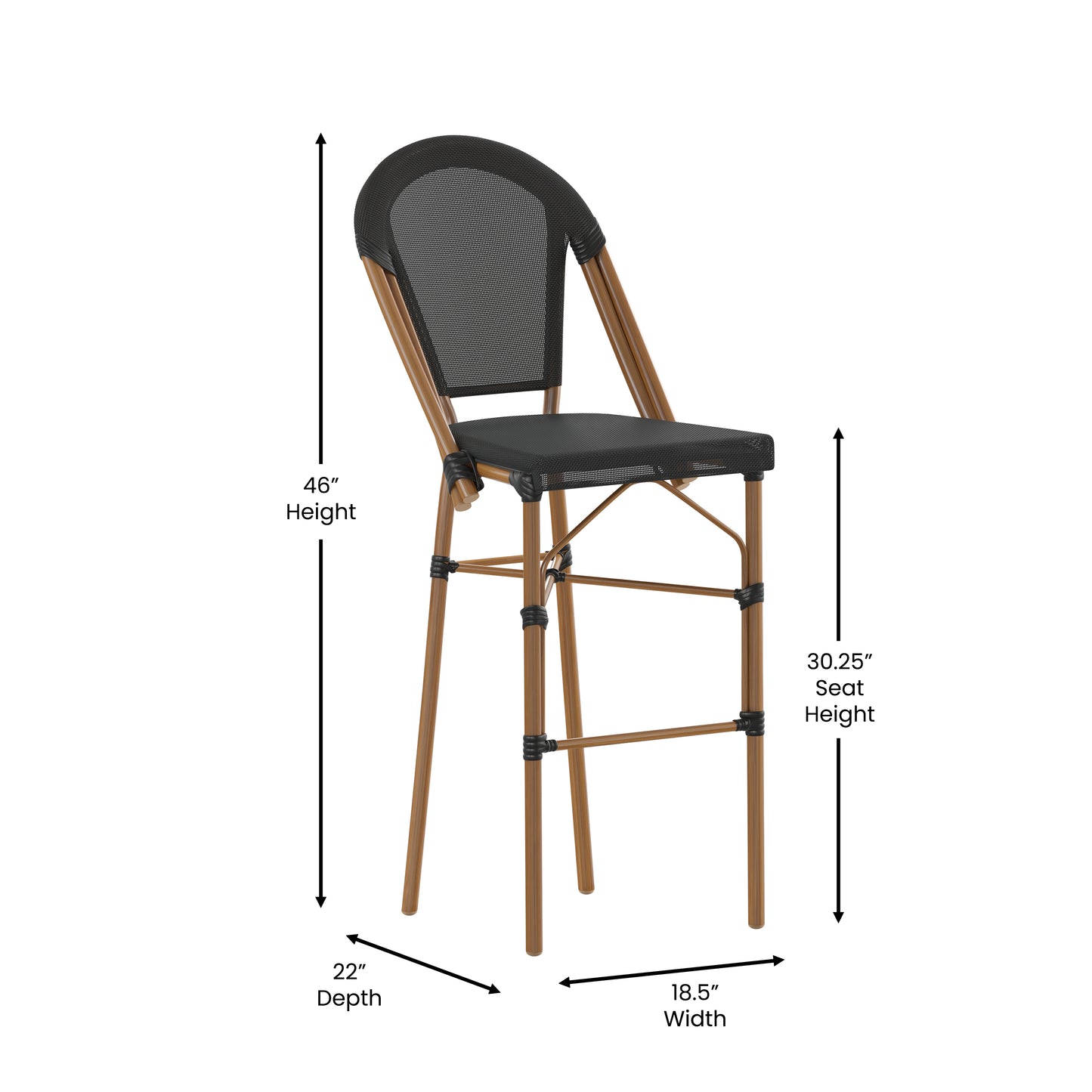 Marseille Stackable Indoor/Outdoor Bistro 30" High Barstool, Commercial Grade, Black and Bamboo Finish Black/Natural Frame