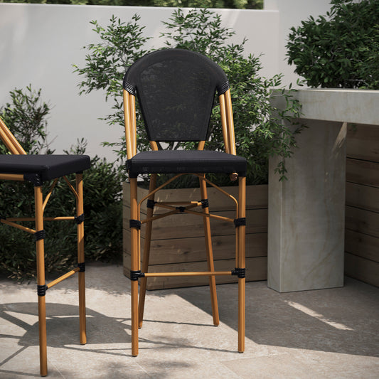 Marseille Stackable Indoor/Outdoor Bistro 30" High Barstool, Commercial Grade, Black and Bamboo Finish Black/Natural Frame