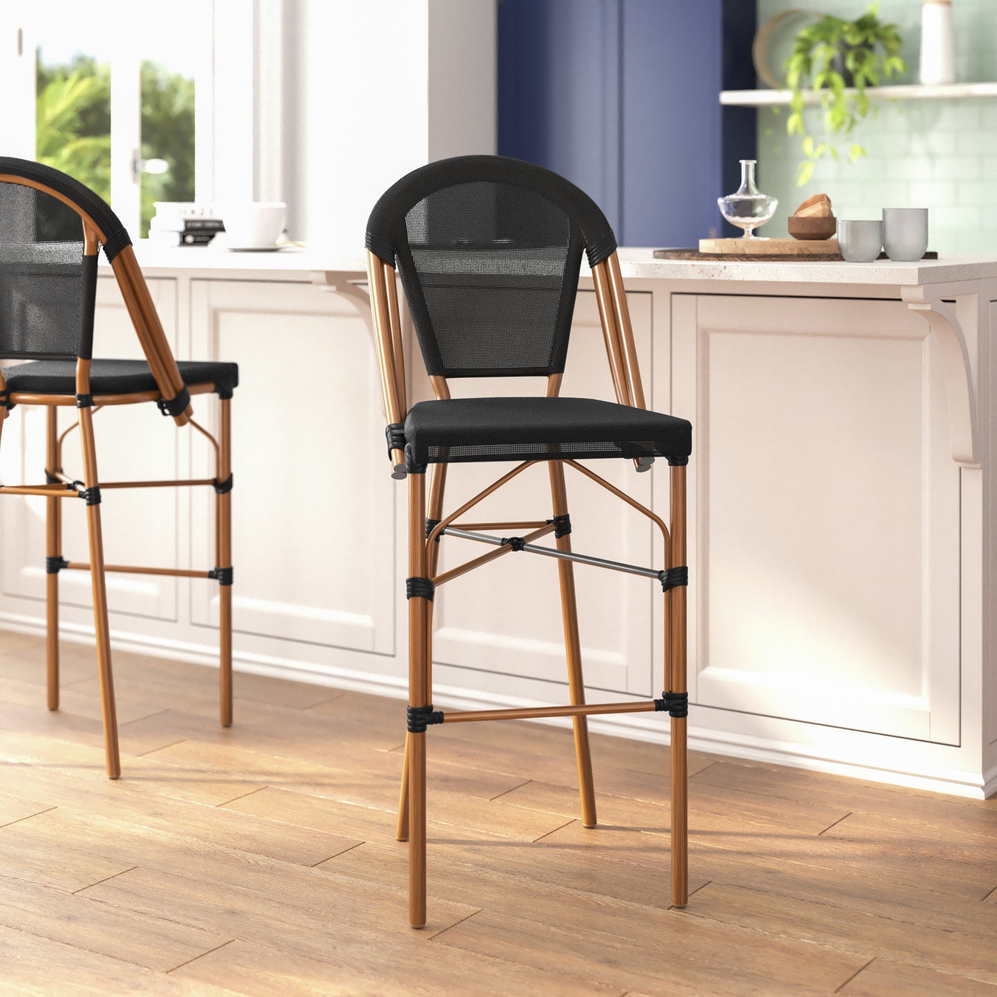 Marseille Stackable Indoor/Outdoor Bistro 30" High Barstool, Commercial Grade, Black and Bamboo Finish Black/Natural Frame