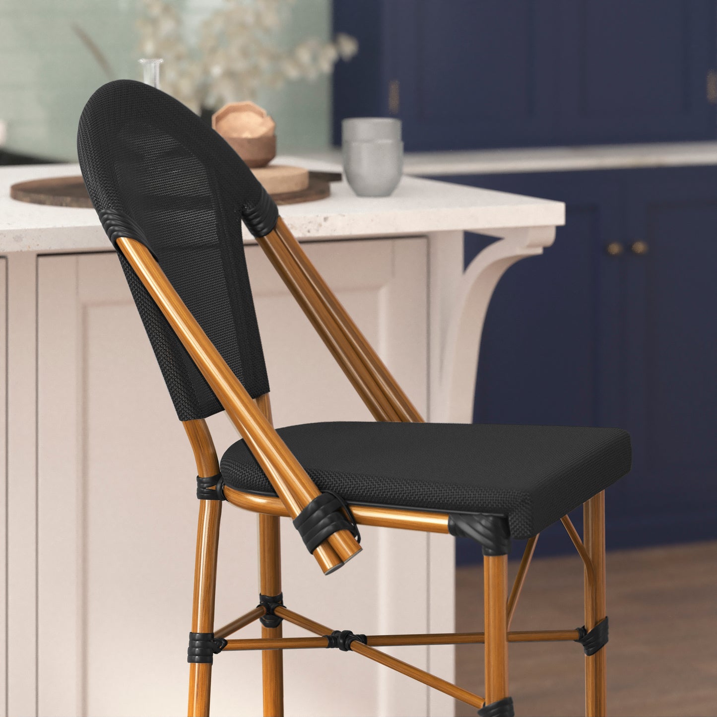 Marseille Stackable Indoor/Outdoor Bistro 30" High Barstool, Commercial Grade, Black and Bamboo Finish Black/Natural Frame