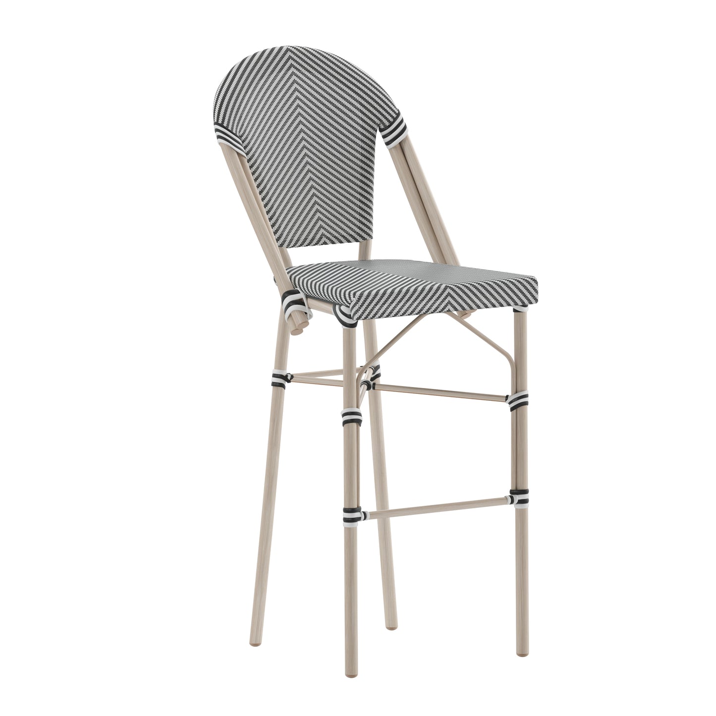Marseille Stackable Indoor/Outdoor Bistro 30" High Barstool, Commercial Grade, Black/White and Light Bamboo Finish Black & White/Light Natural Frame