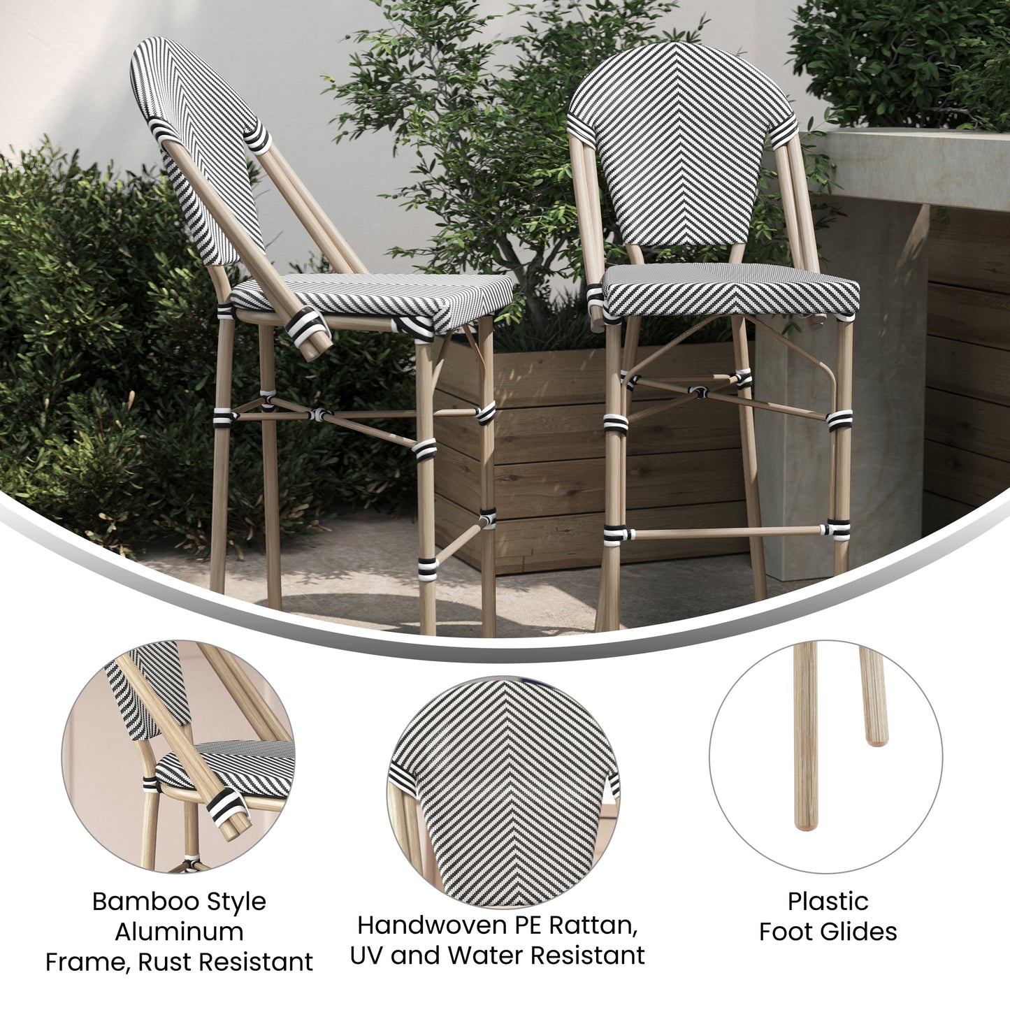 Marseille Stackable Indoor/Outdoor Bistro 30" High Barstool, Commercial Grade, Black/White and Light Bamboo Finish Black & White/Light Natural Frame