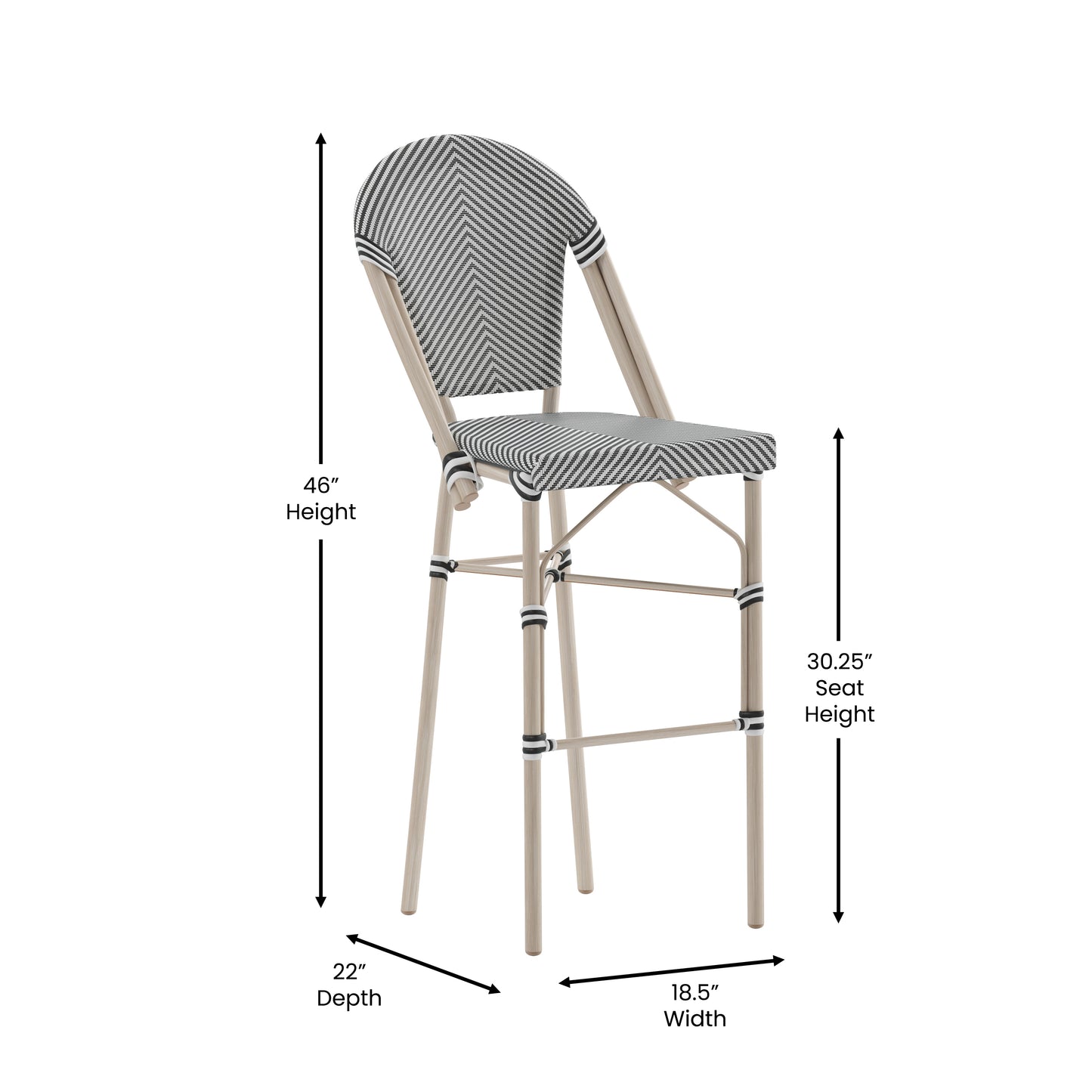 Marseille Stackable Indoor/Outdoor Bistro 30" High Barstool, Commercial Grade, Black/White and Light Bamboo Finish Black & White/Light Natural Frame