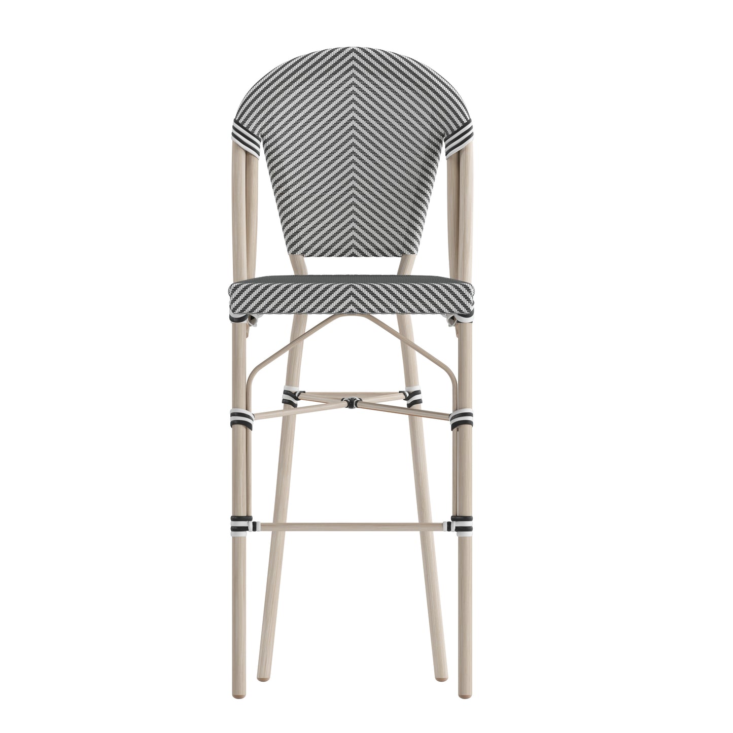 Marseille Stackable Indoor/Outdoor Bistro 30" High Barstool, Commercial Grade, Black/White and Light Bamboo Finish Black & White/Light Natural Frame