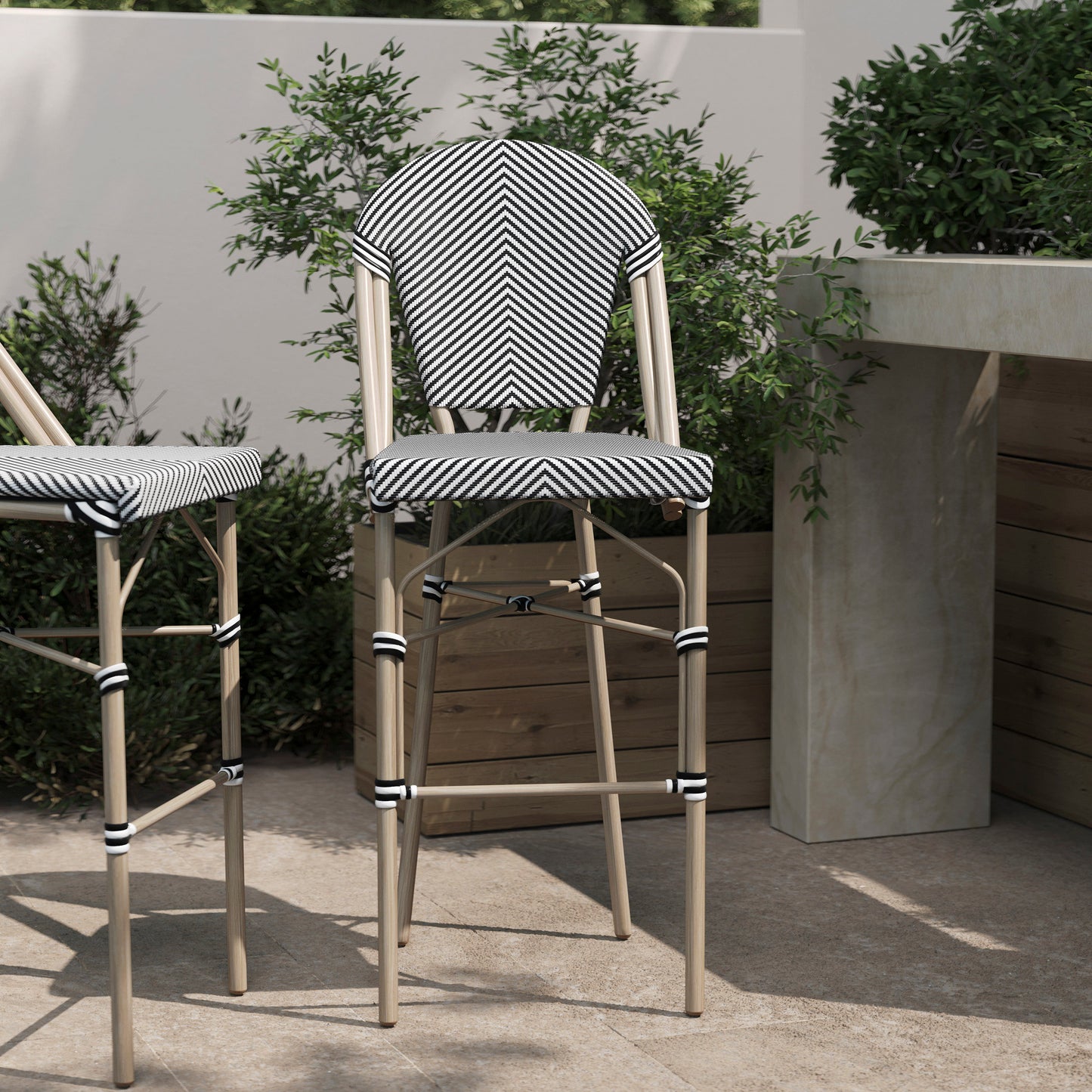 Marseille Stackable Indoor/Outdoor Bistro 30" High Barstool, Commercial Grade, Black/White and Light Bamboo Finish Black & White/Light Natural Frame