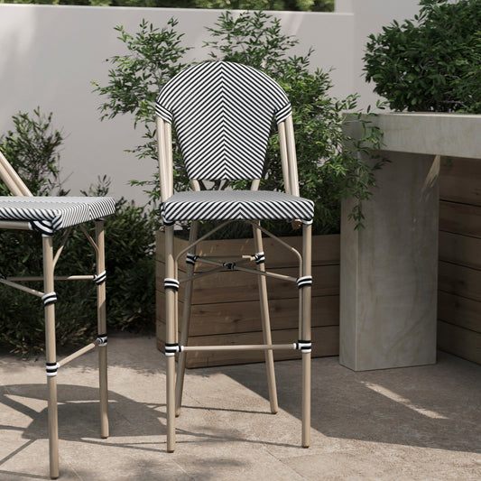 Marseille Stackable Indoor/Outdoor Bistro 30" High Barstool, Commercial Grade, Black/White and Light Bamboo Finish Black & White/Light Natural Frame