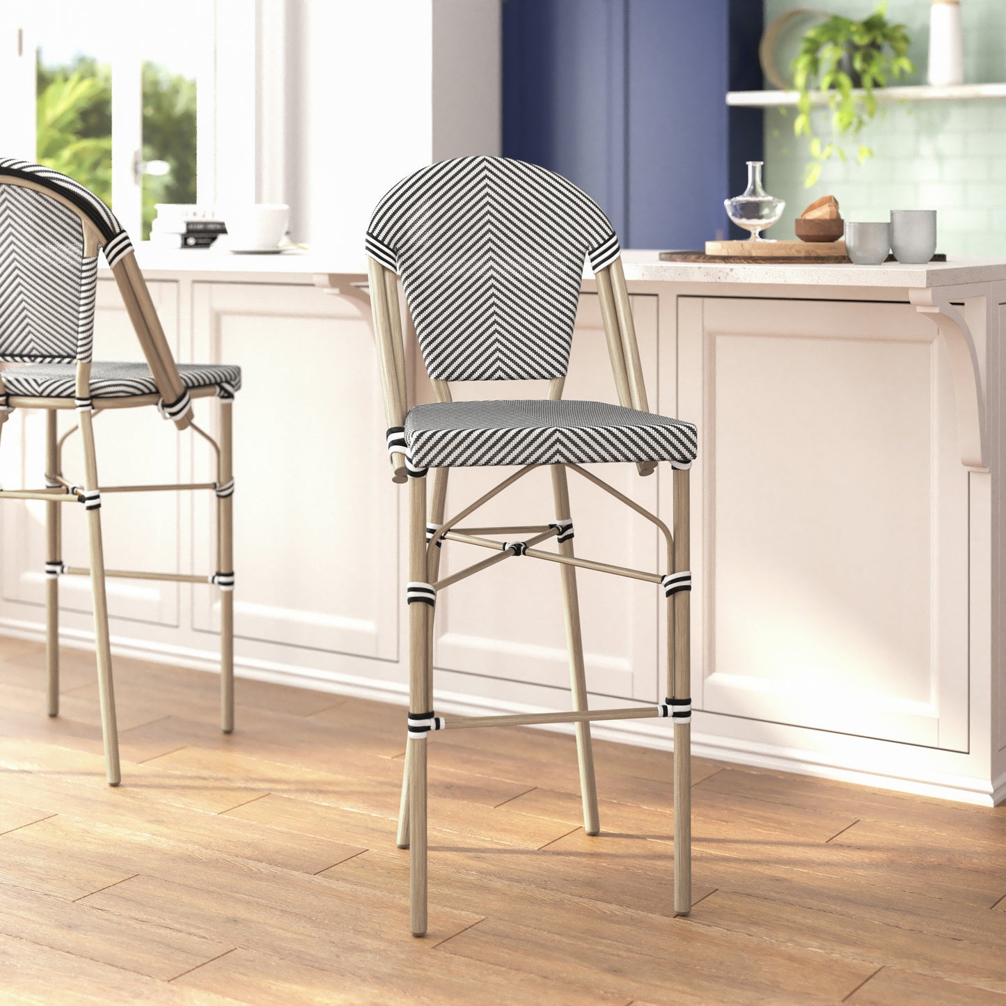Marseille Stackable Indoor/Outdoor Bistro 30" High Barstool, Commercial Grade, Black/White and Light Bamboo Finish Black & White/Light Natural Frame