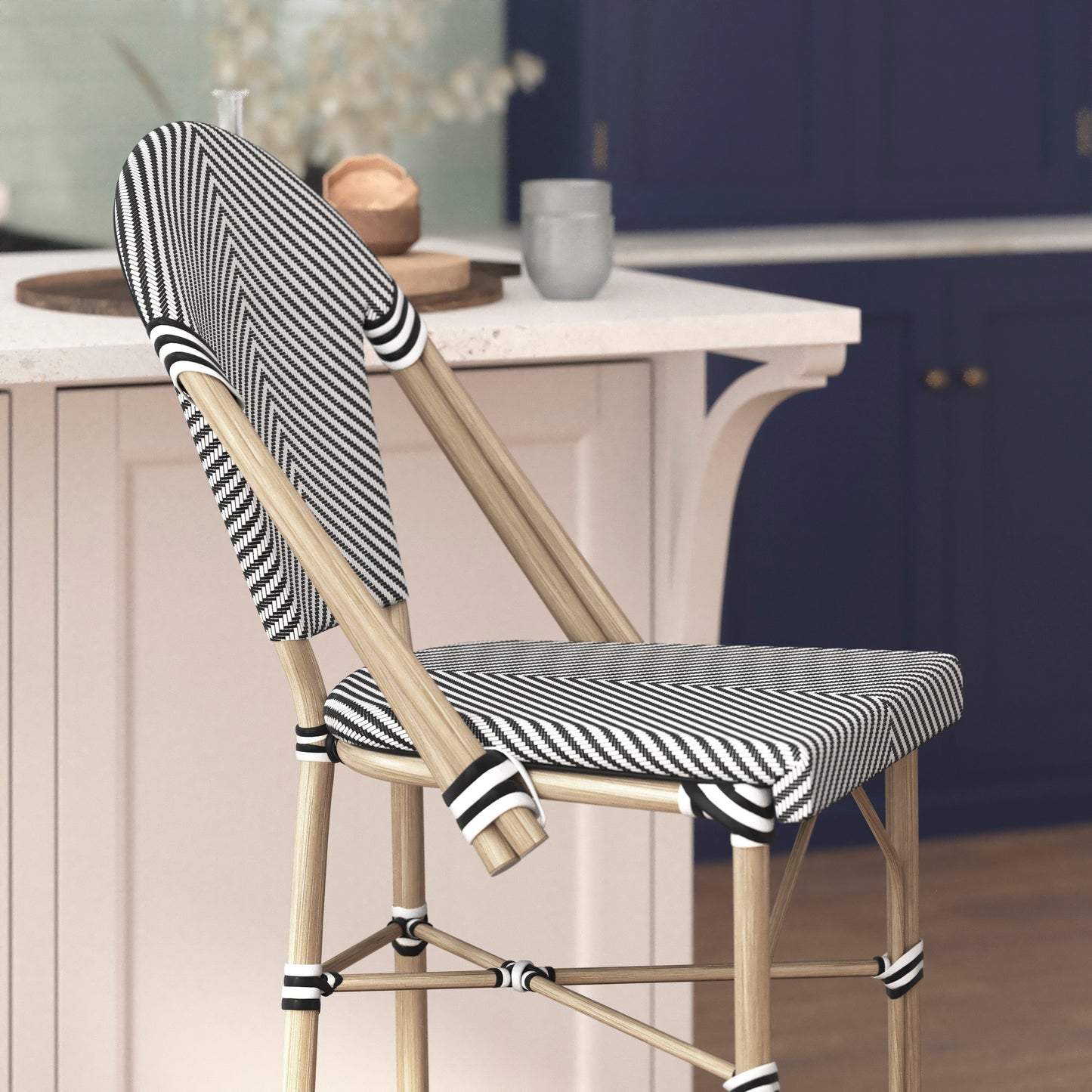 Marseille Stackable Indoor/Outdoor Bistro 30" High Barstool, Commercial Grade, Black/White and Light Bamboo Finish Black & White/Light Natural Frame