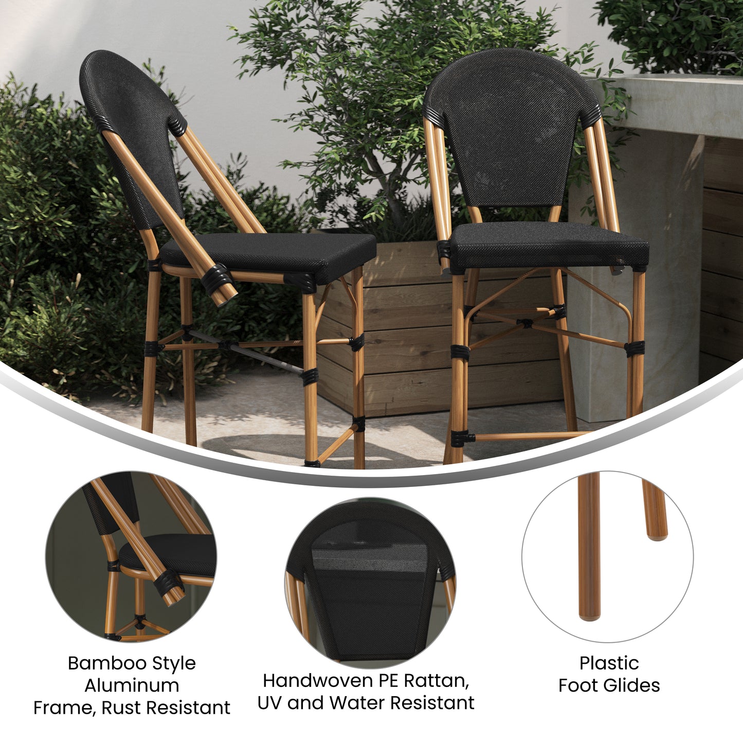 Marseille Stackable Indoor/Outdoor Bistro 26" High Counter Height Stool, Commercial Grade, Black and Bamboo Finish Black/Natural Frame