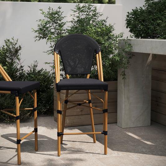 Marseille Stackable Indoor/Outdoor Bistro 26" High Counter Height Stool, Commercial Grade, Black and Bamboo Finish Black/Natural Frame