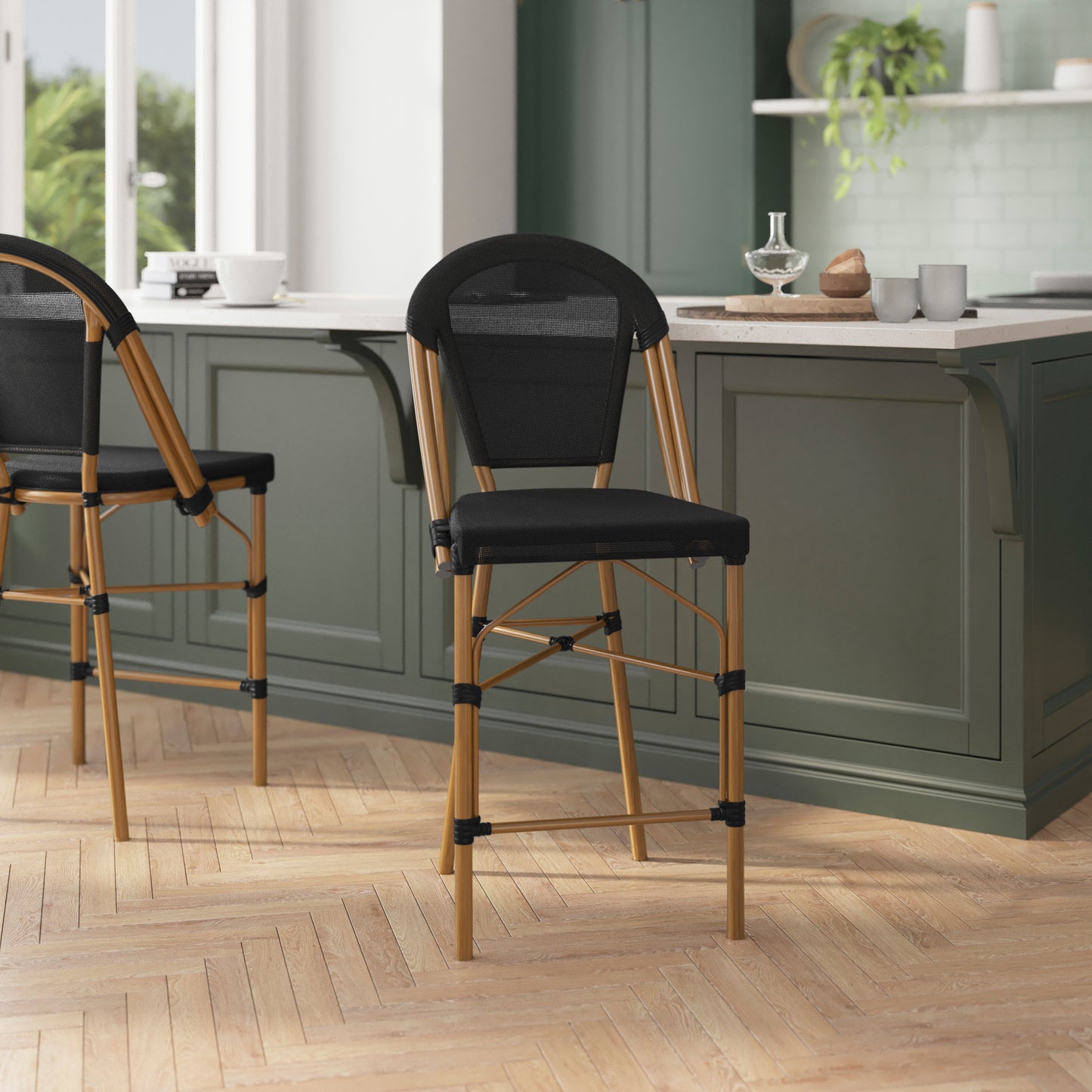 Marseille Stackable Indoor/Outdoor Bistro 26" High Counter Height Stool, Commercial Grade, Black and Bamboo Finish Black/Natural Frame