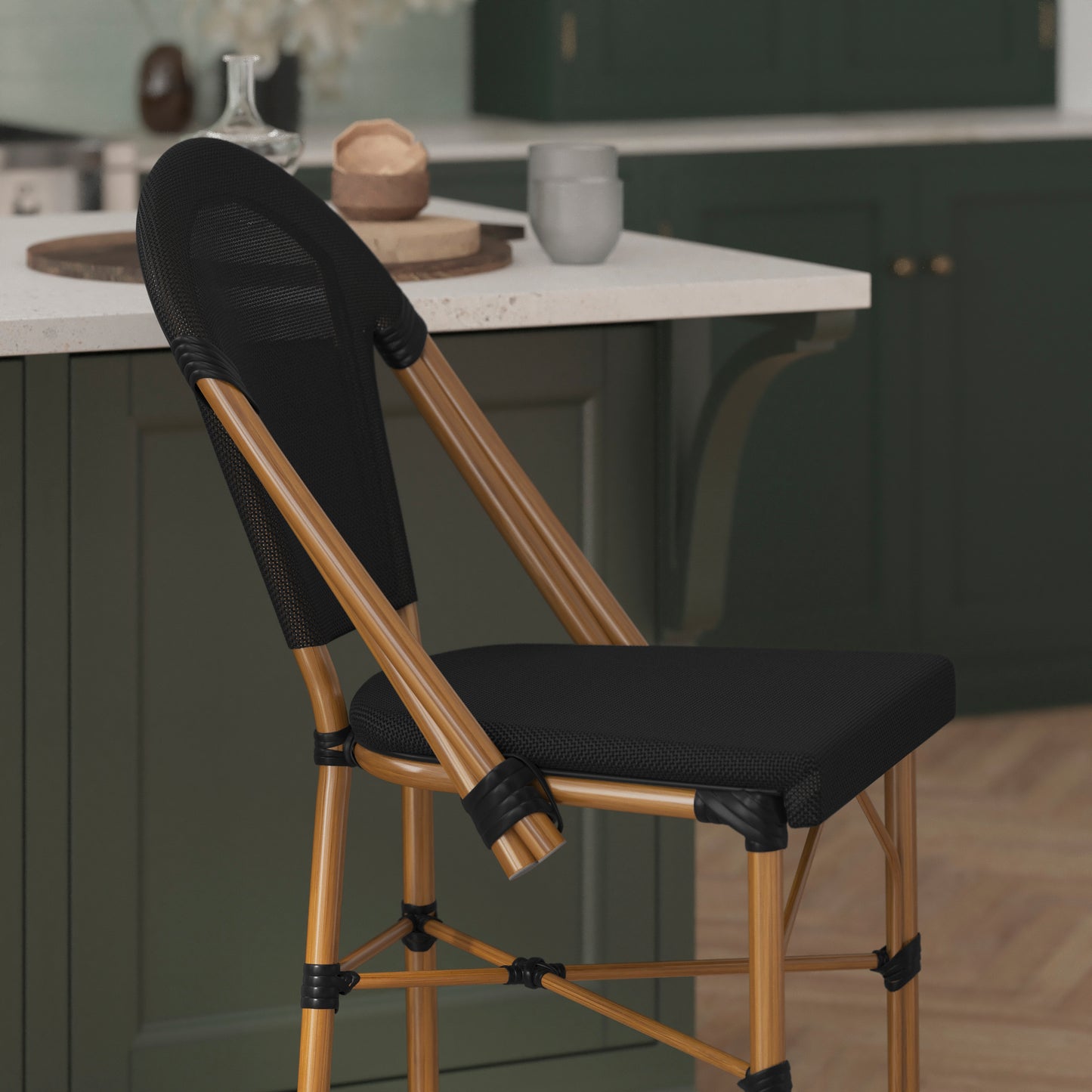 Marseille Stackable Indoor/Outdoor Bistro 26" High Counter Height Stool, Commercial Grade, Black and Bamboo Finish Black/Natural Frame