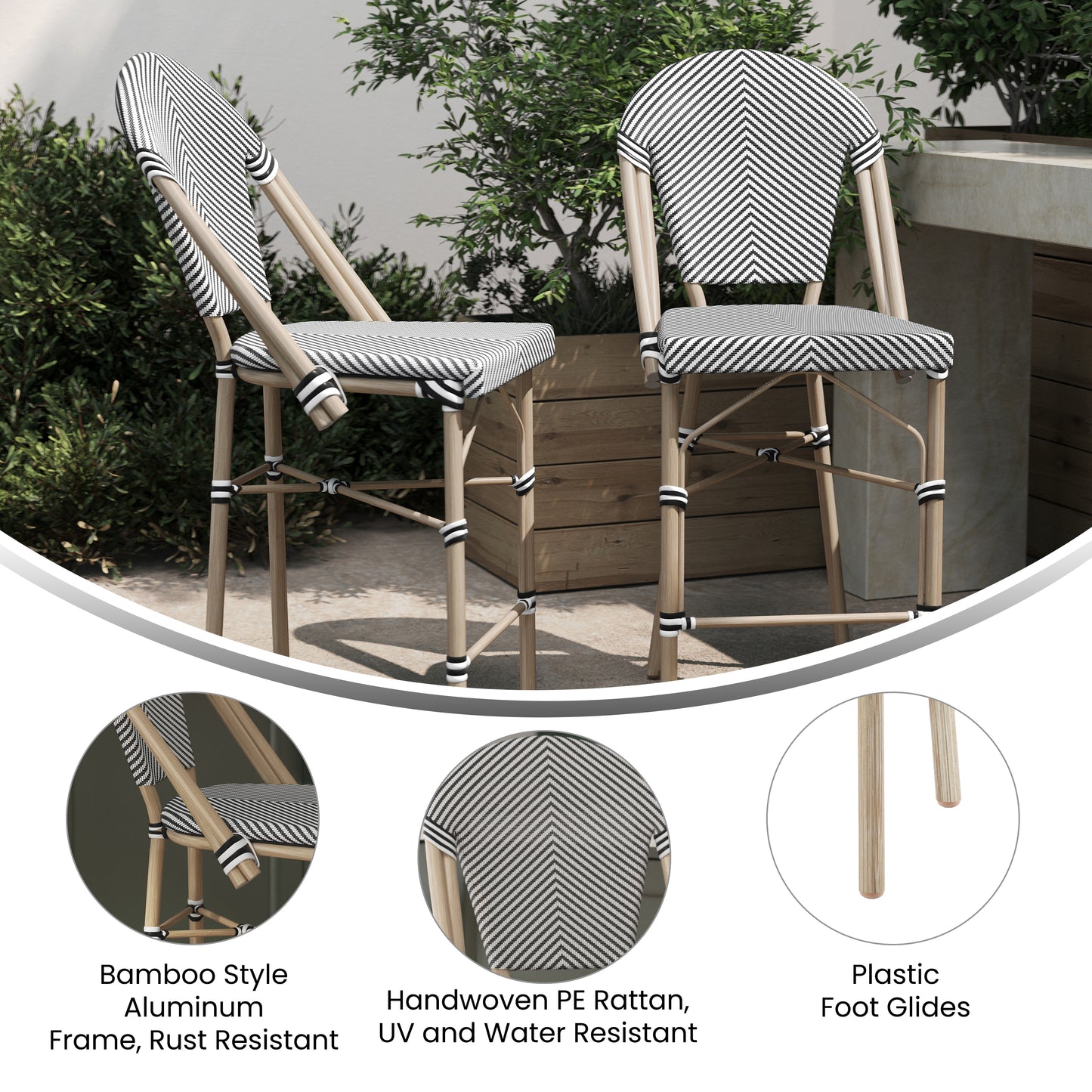 Marseille Stackable Indoor/Outdoor Bistro 26" High Counter Height Stool, Commercial Grade, Black/White and Light Bamboo Finish Black & White/Light Natural Frame