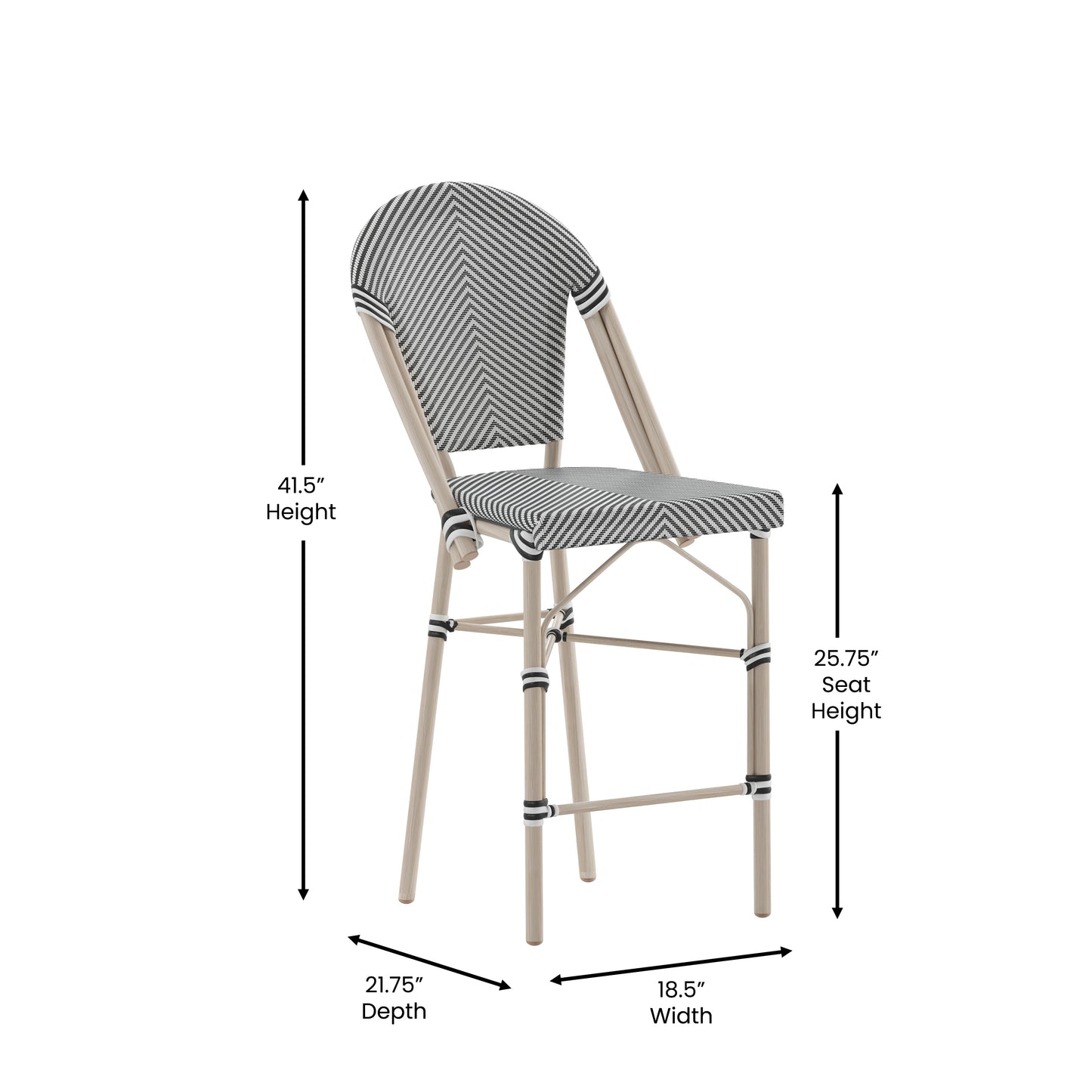 Marseille Stackable Indoor/Outdoor Bistro 26" High Counter Height Stool, Commercial Grade, Black/White and Light Bamboo Finish Black & White/Light Natural Frame