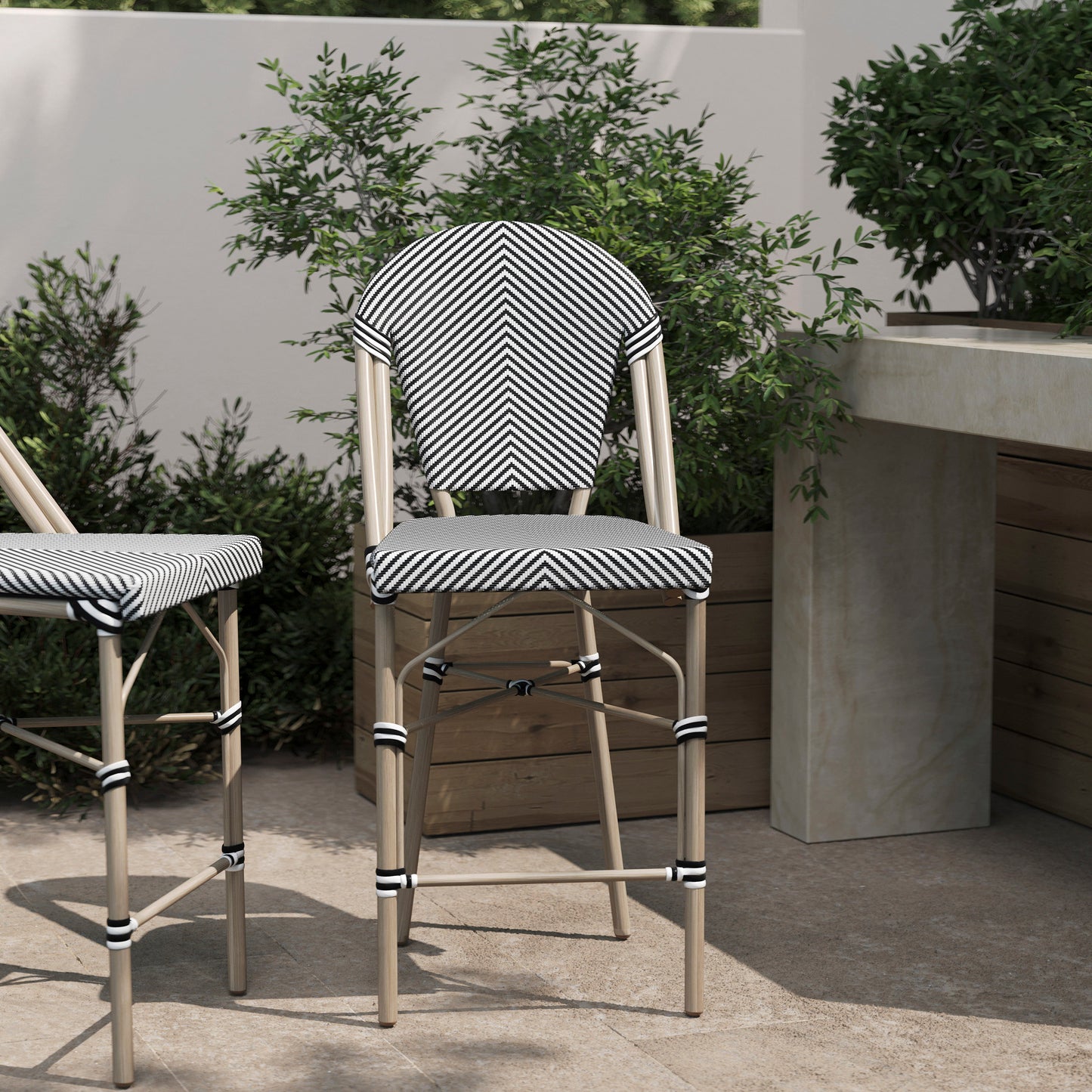 Marseille Stackable Indoor/Outdoor Bistro 26" High Counter Height Stool, Commercial Grade, Black/White and Light Bamboo Finish Black & White/Light Natural Frame