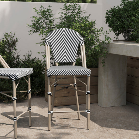 Marseille Stackable Indoor/Outdoor Bistro 26" High Counter Height Stool, Commercial Grade, Black/White and Light Bamboo Finish Black & White/Light Natural Frame