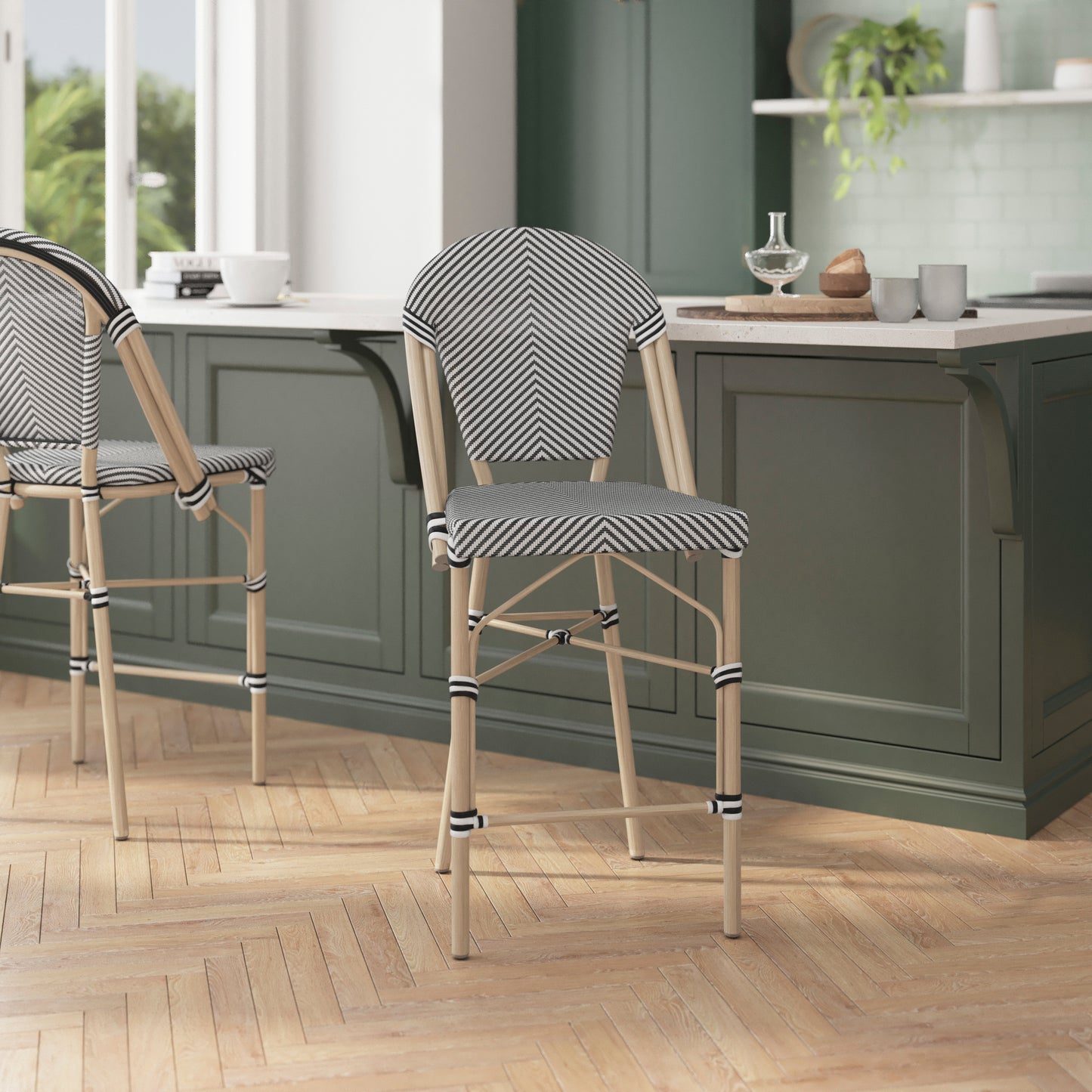 Marseille Stackable Indoor/Outdoor Bistro 26" High Counter Height Stool, Commercial Grade, Black/White and Light Bamboo Finish Black & White/Light Natural Frame