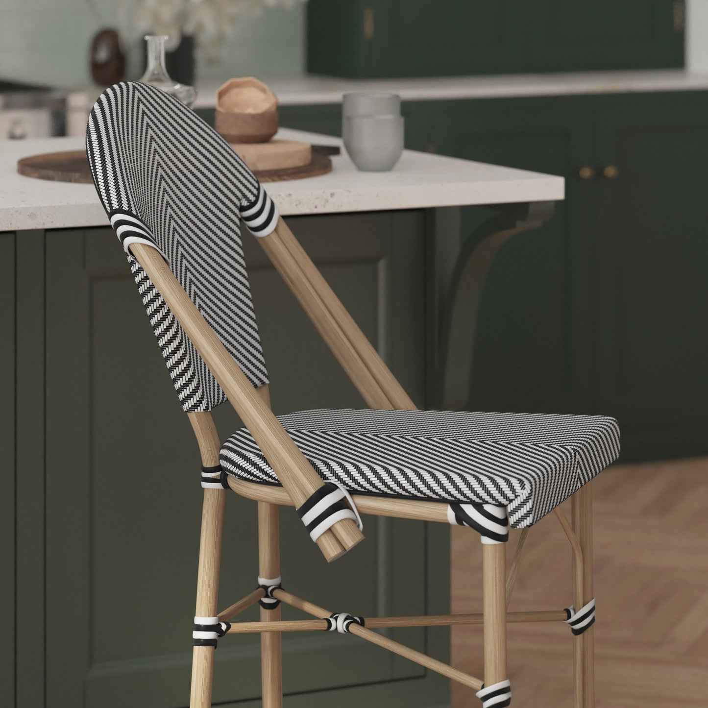 Marseille Stackable Indoor/Outdoor Bistro 26" High Counter Height Stool, Commercial Grade, Black/White and Light Bamboo Finish Black & White/Light Natural Frame
