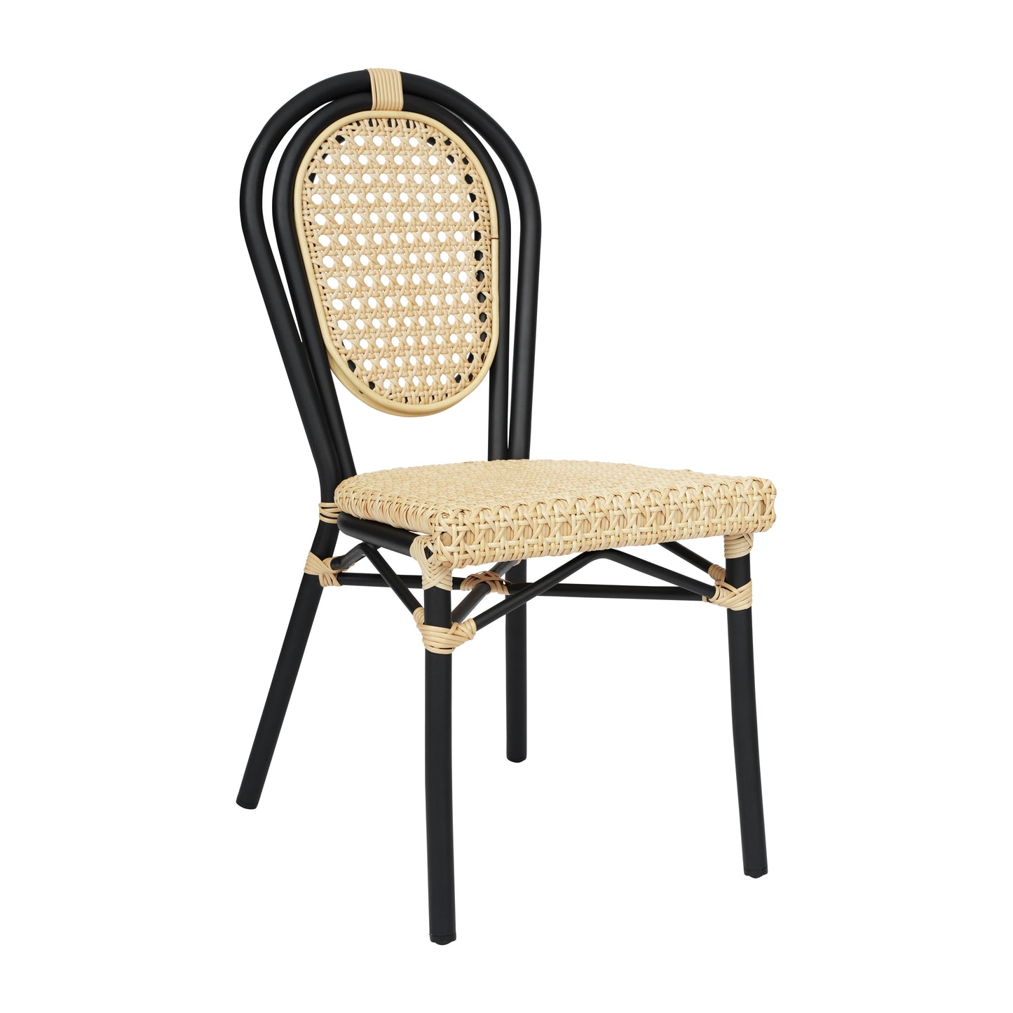 Cannes Indoor/Outdoor Commercial Thonet Bistro Stacking Chair, Natural PE Cane Rattan and Black Aluminum Frame Natural/Black Frame