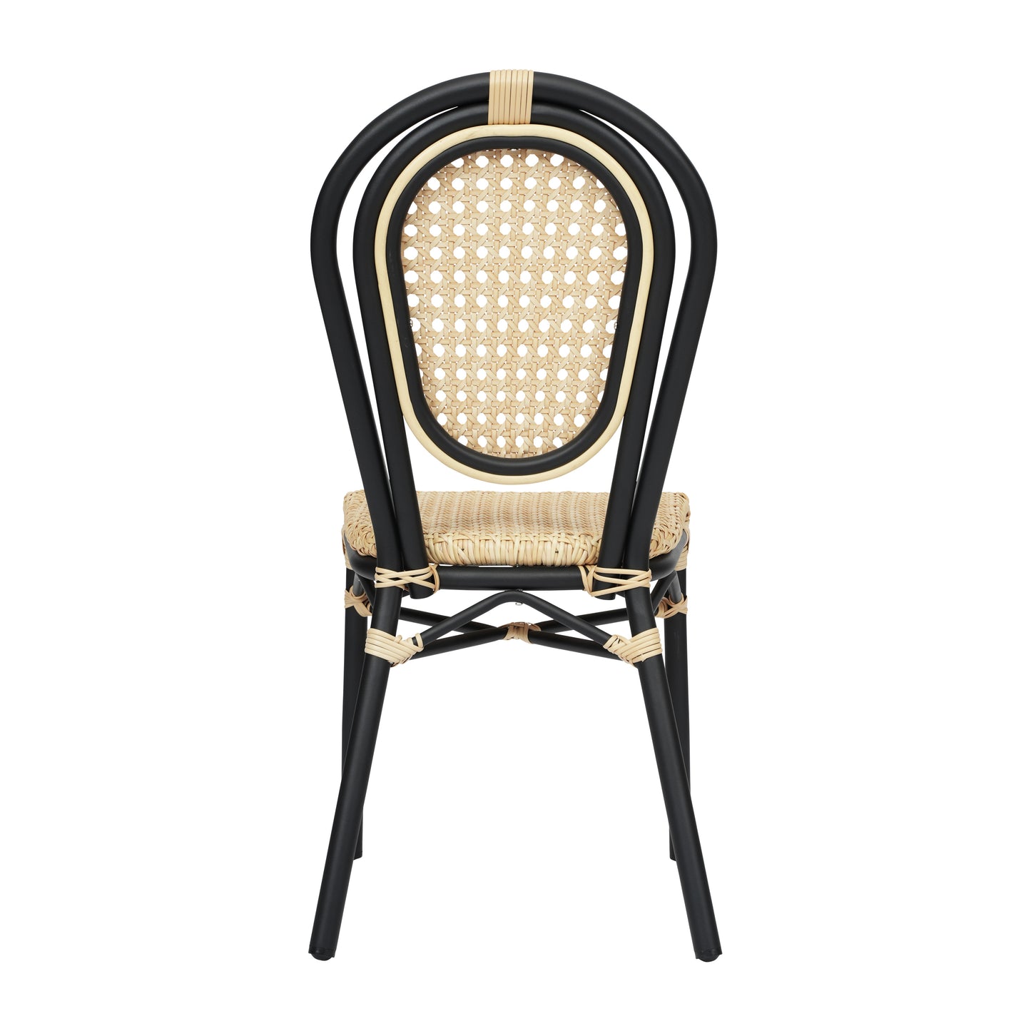 Cannes Indoor/Outdoor Commercial Thonet Bistro Stacking Chair, Natural PE Cane Rattan and Black Aluminum Frame Natural/Black Frame