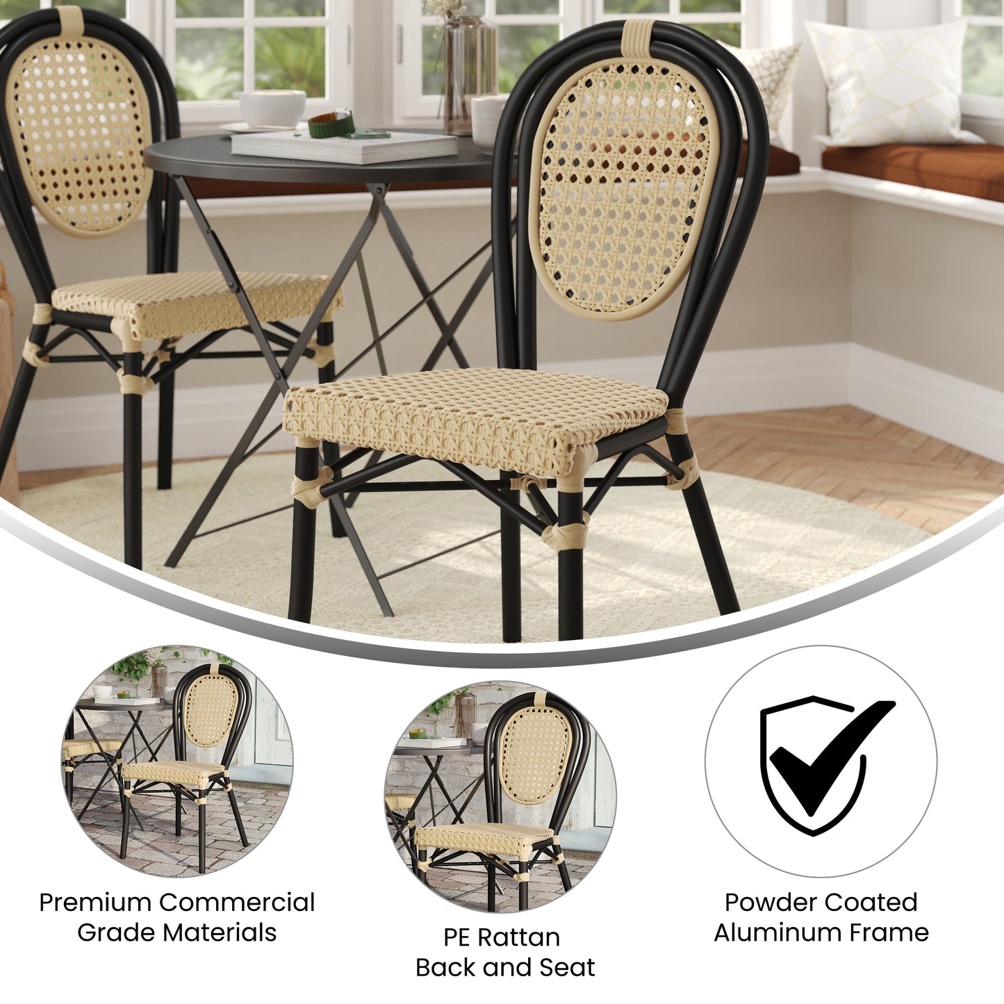 Cannes Indoor/Outdoor Commercial Thonet Bistro Stacking Chair, Natural PE Cane Rattan and Black Aluminum Frame Natural/Black Frame