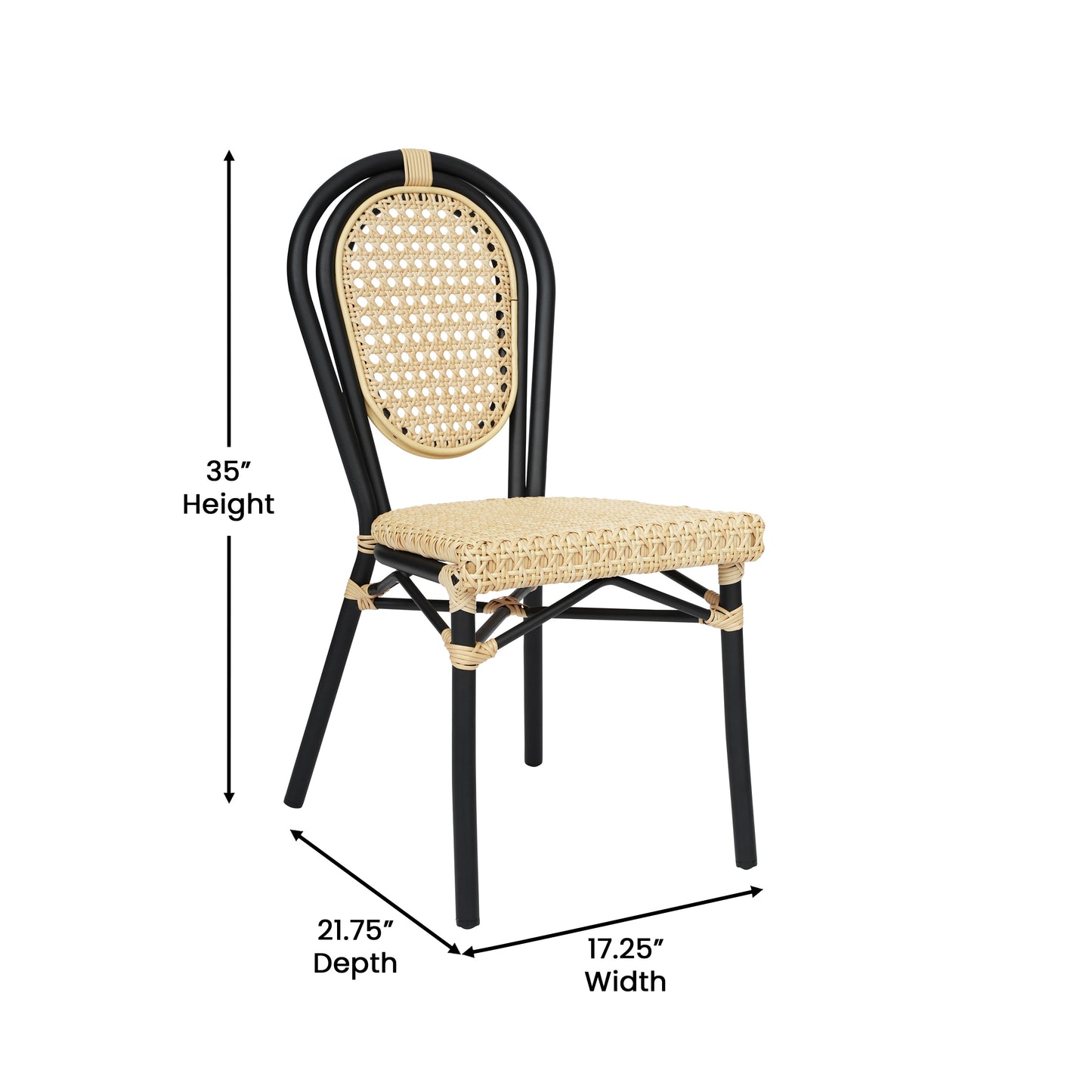 Cannes Indoor/Outdoor Commercial Thonet Bistro Stacking Chair, Natural PE Cane Rattan and Black Aluminum Frame Natural/Black Frame