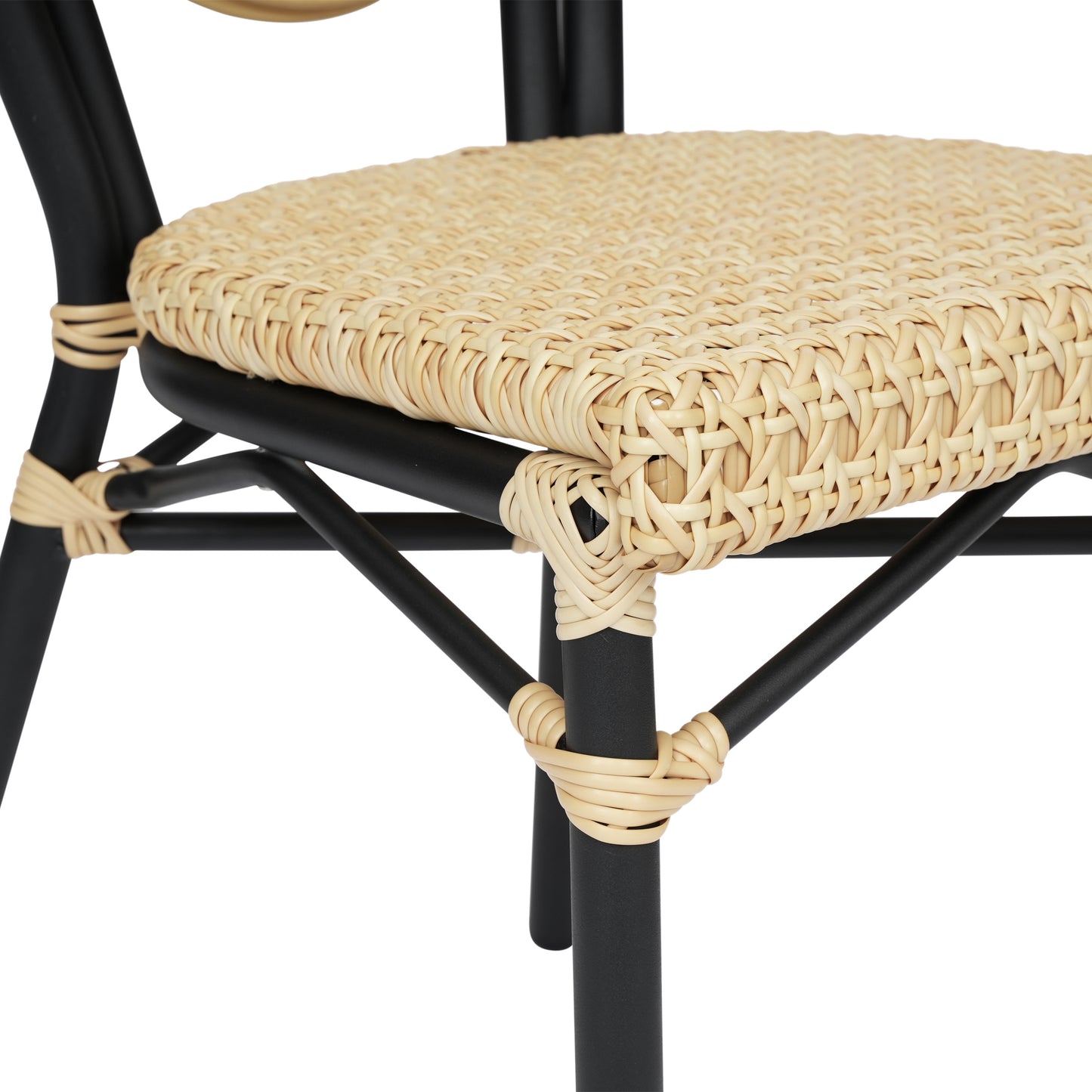 Cannes Indoor/Outdoor Commercial Thonet Bistro Stacking Chair, Natural PE Cane Rattan and Black Aluminum Frame Natural/Black Frame