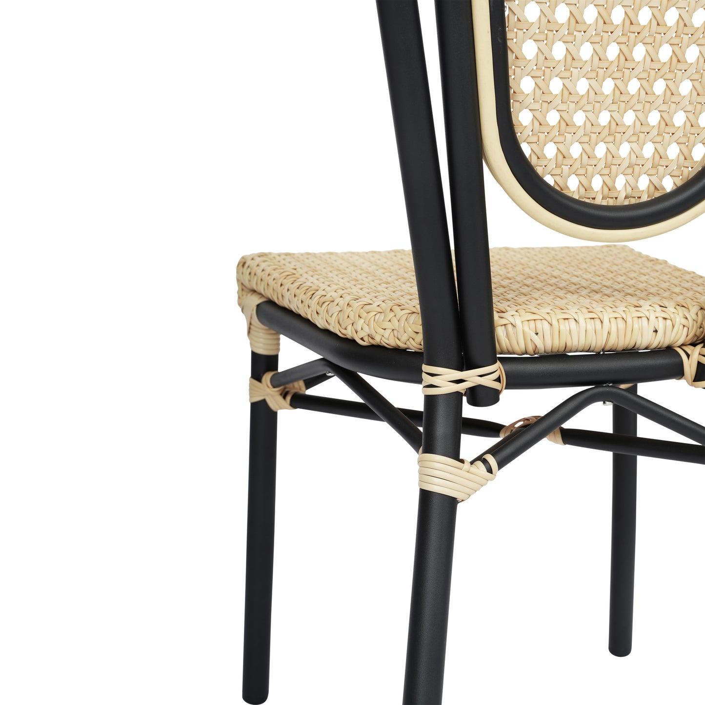 Cannes Indoor/Outdoor Commercial Thonet Bistro Stacking Chair, Natural PE Cane Rattan and Black Aluminum Frame Natural/Black Frame