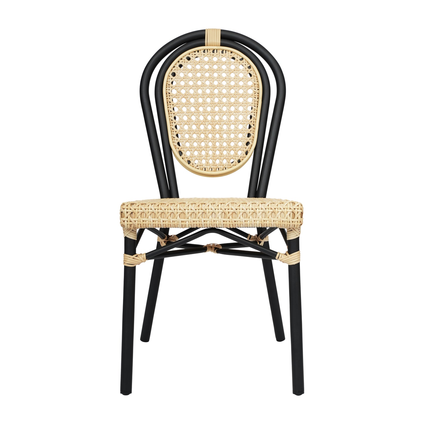 Cannes Indoor/Outdoor Commercial Thonet Bistro Stacking Chair, Natural PE Cane Rattan and Black Aluminum Frame Natural/Black Frame