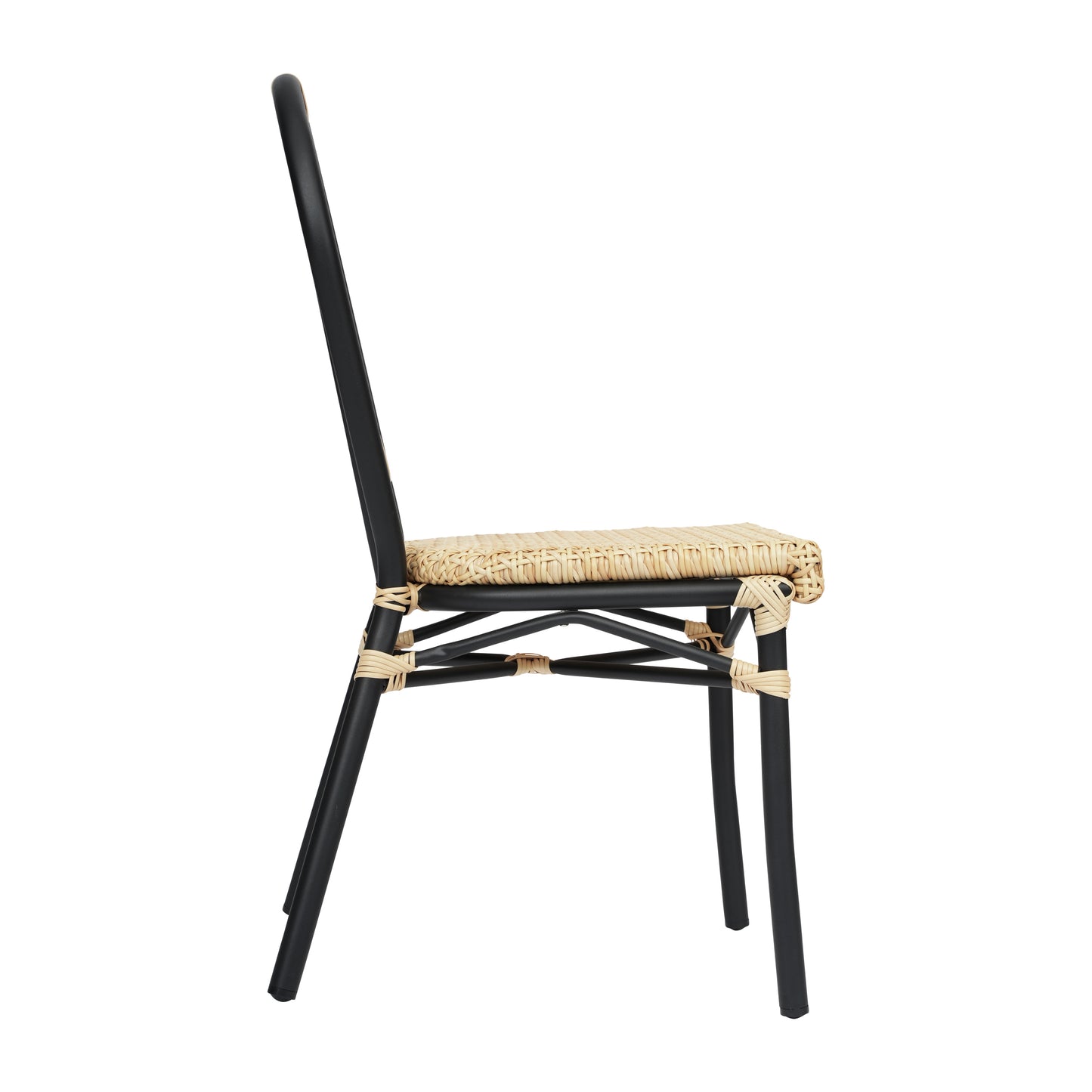 Cannes Indoor/Outdoor Commercial Thonet Bistro Stacking Chair, Natural PE Cane Rattan and Black Aluminum Frame Natural/Black Frame