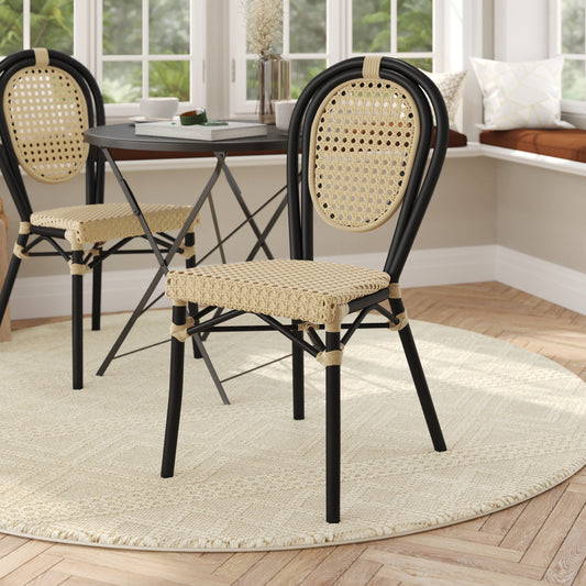 Cannes Indoor/Outdoor Commercial Thonet Bistro Stacking Chair, Natural PE Cane Rattan and Black Aluminum Frame Natural/Black Frame
