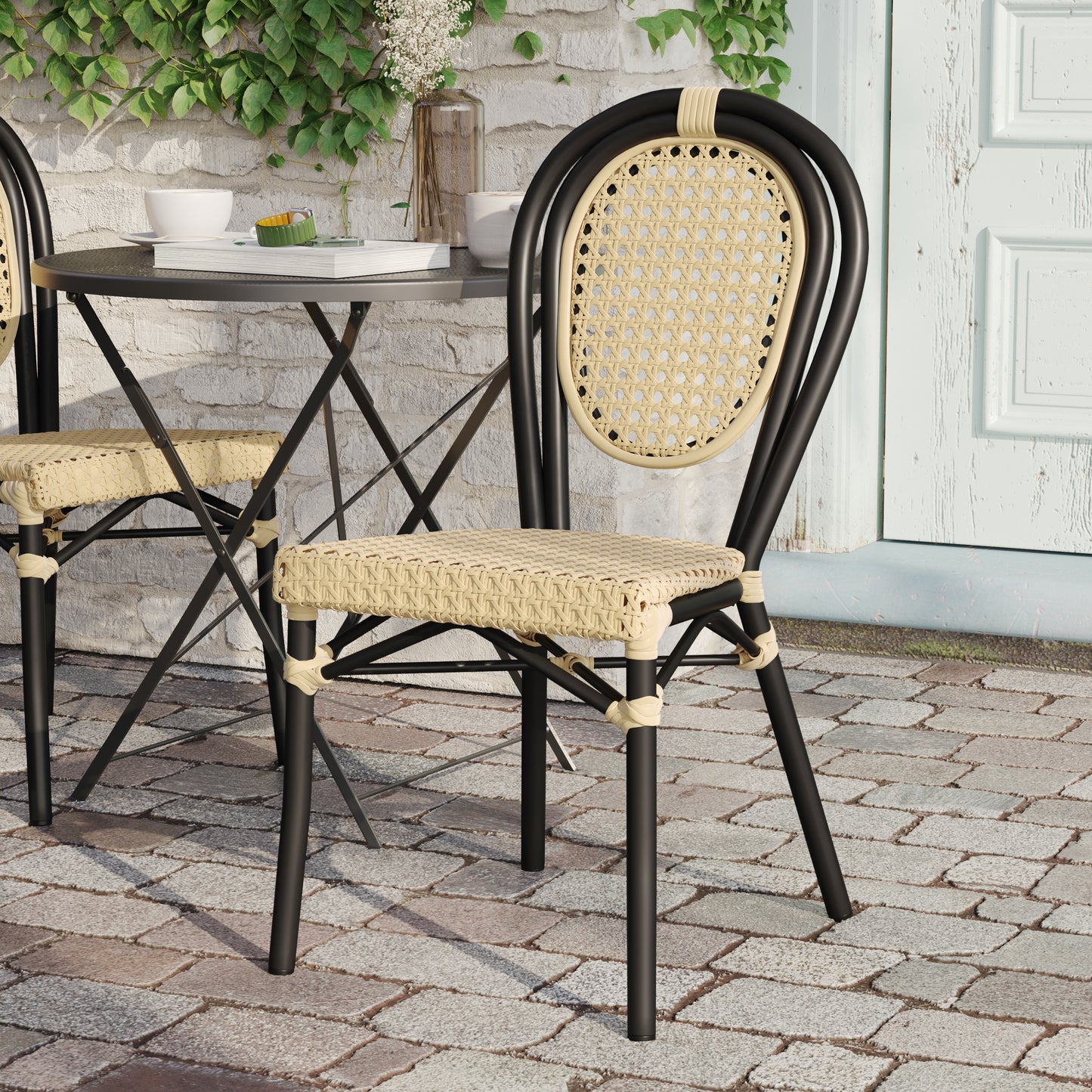 Cannes Indoor/Outdoor Commercial Thonet Bistro Stacking Chair, Natural PE Cane Rattan and Black Aluminum Frame Natural/Black Frame