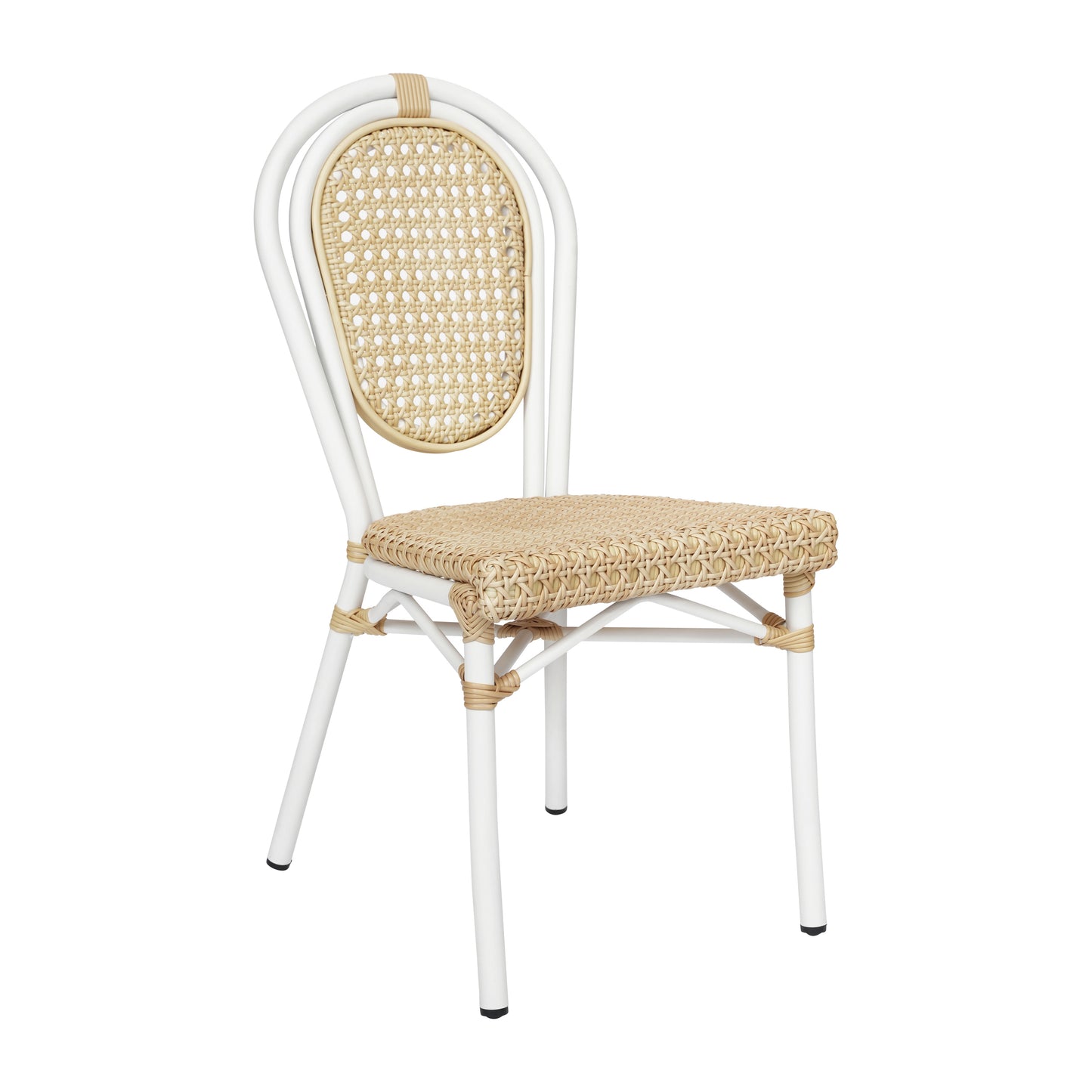 Cannes Indoor/Outdoor Commercial Thonet Bistro Stacking Chair, Natural PE Cane Rattan and White Aluminum Frame Natural/White Frame