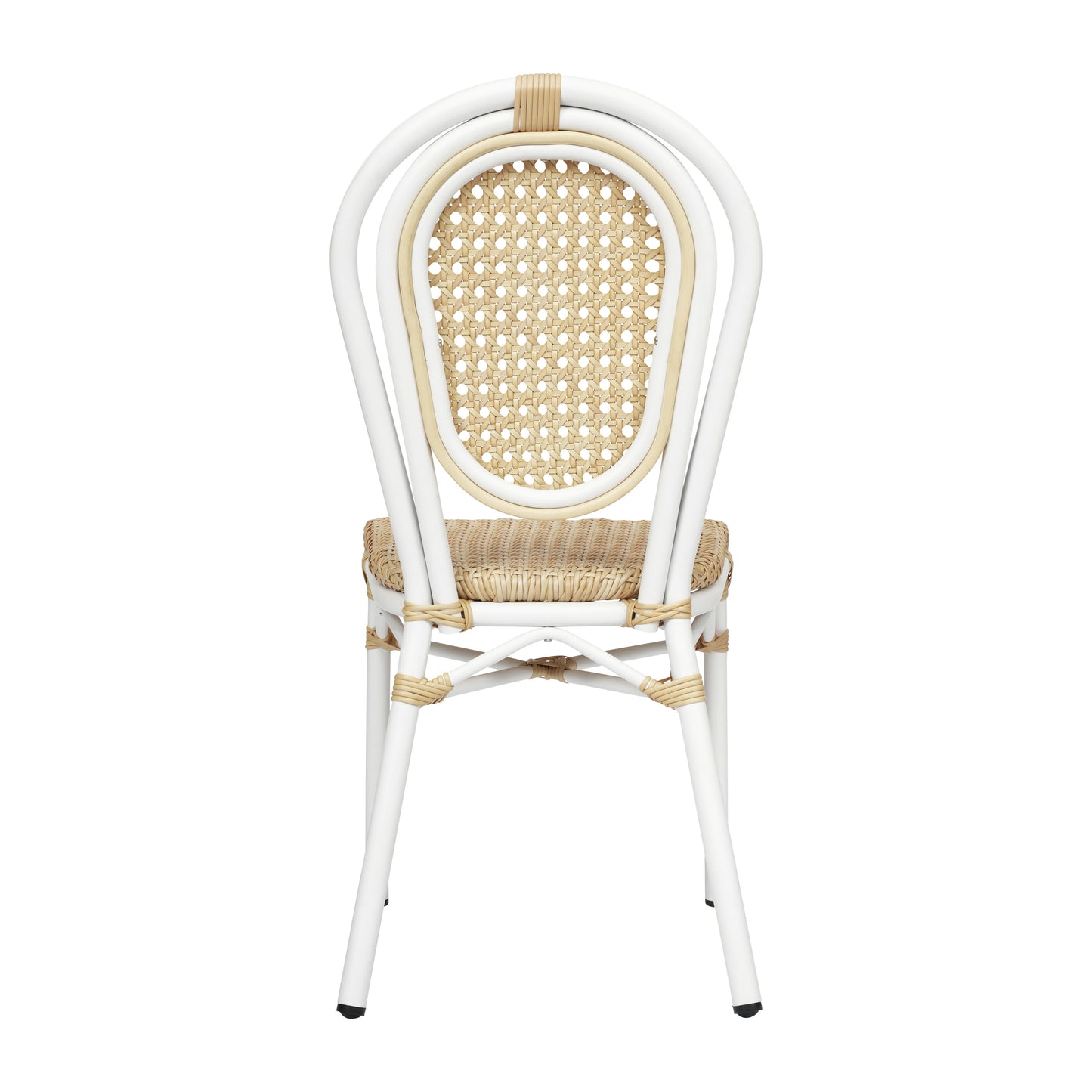 Cannes Indoor/Outdoor Commercial Thonet Bistro Stacking Chair, Natural PE Cane Rattan and White Aluminum Frame Natural/White Frame