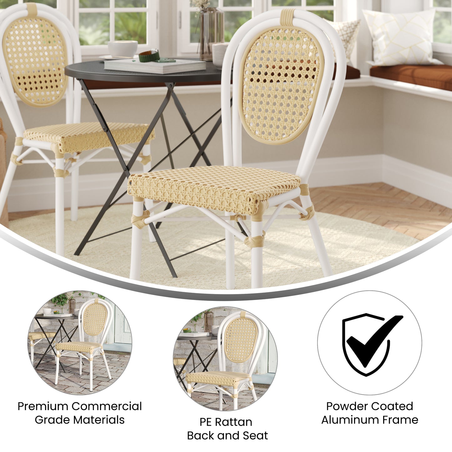 Cannes Indoor/Outdoor Commercial Thonet Bistro Stacking Chair, Natural PE Cane Rattan and White Aluminum Frame Natural/White Frame