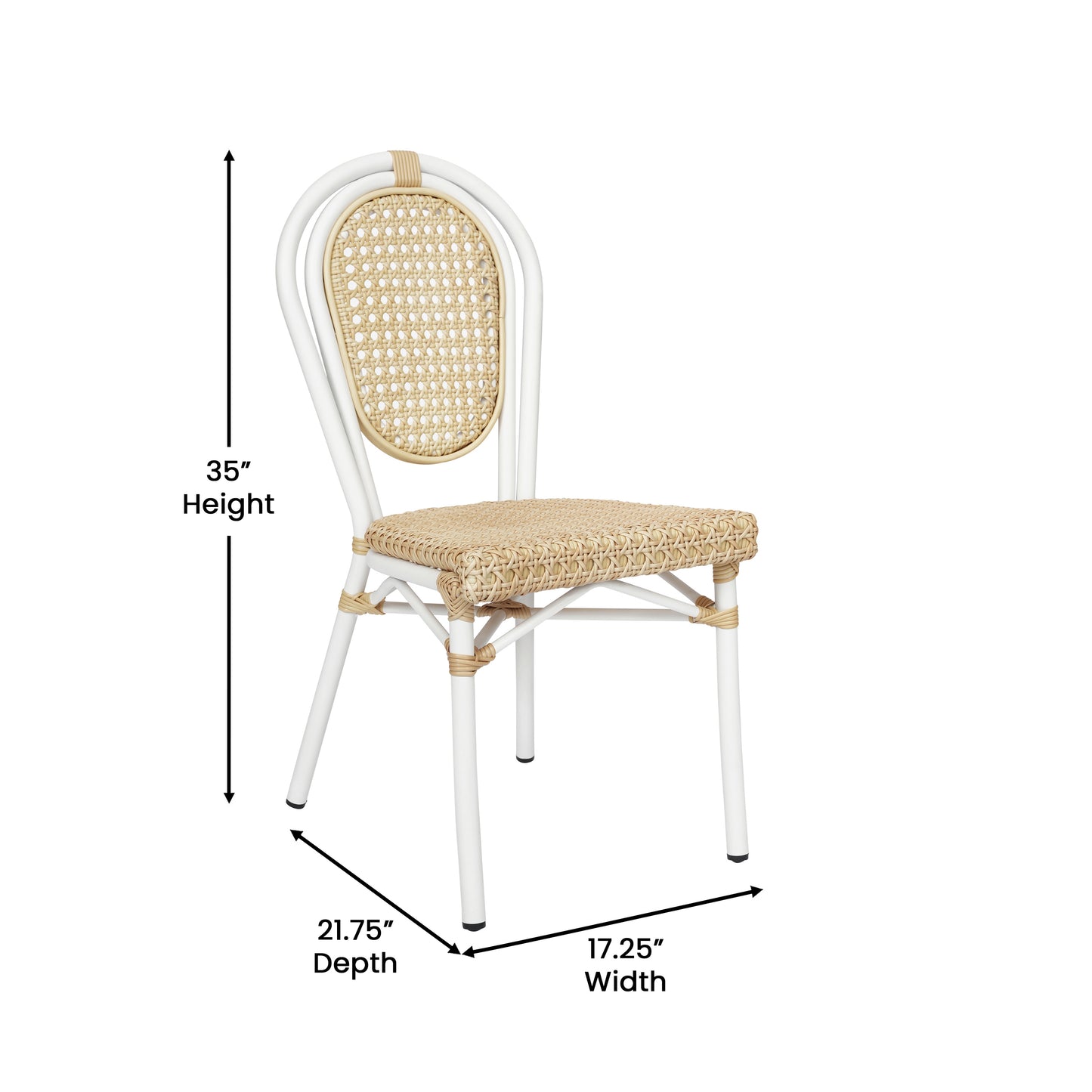 Cannes Indoor/Outdoor Commercial Thonet Bistro Stacking Chair, Natural PE Cane Rattan and White Aluminum Frame Natural/White Frame