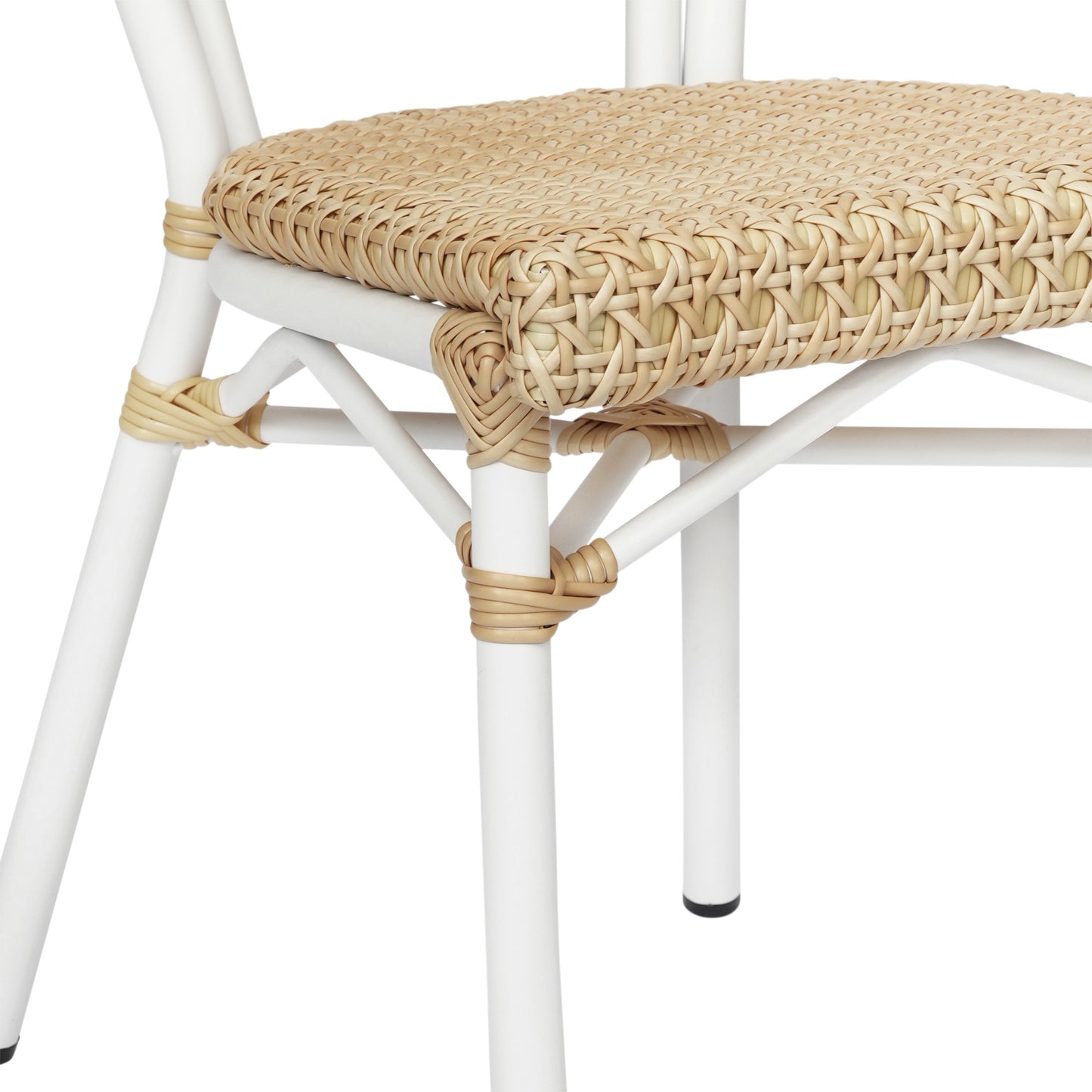 Cannes Indoor/Outdoor Commercial Thonet Bistro Stacking Chair, Natural PE Cane Rattan and White Aluminum Frame Natural/White Frame