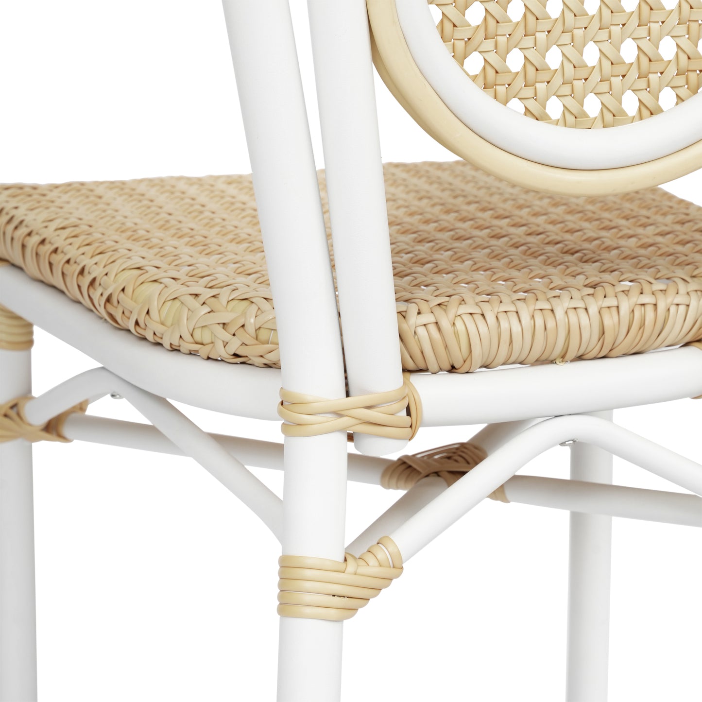 Cannes Indoor/Outdoor Commercial Thonet Bistro Stacking Chair, Natural PE Cane Rattan and White Aluminum Frame Natural/White Frame